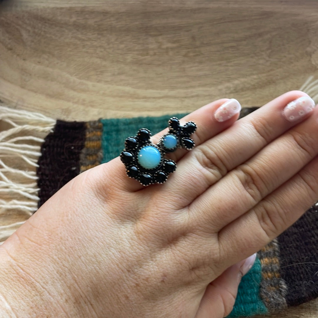 Handmade Sterling Silver, Onyx & Aqua Calcedony Adjustable Ring Signed Nizhoni