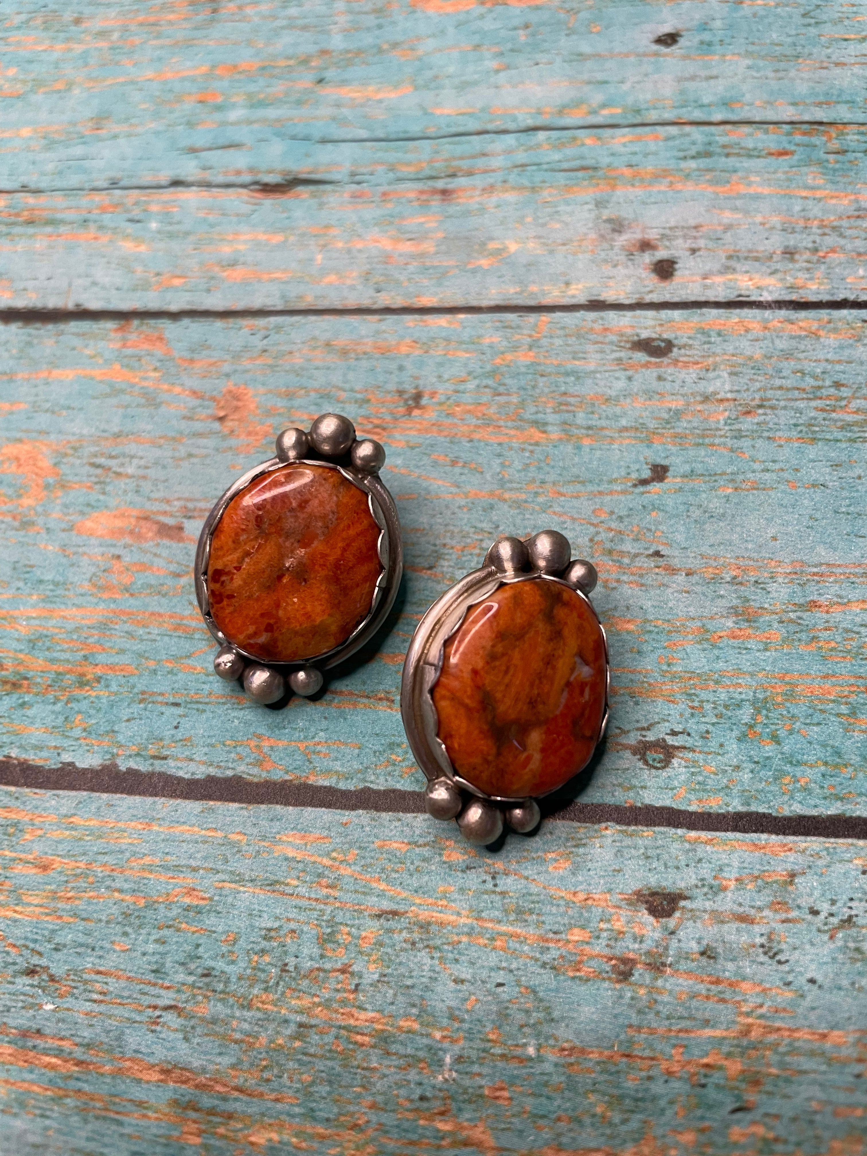 Navajo Apple Coral And Sterling Silver Post Earrings Signed