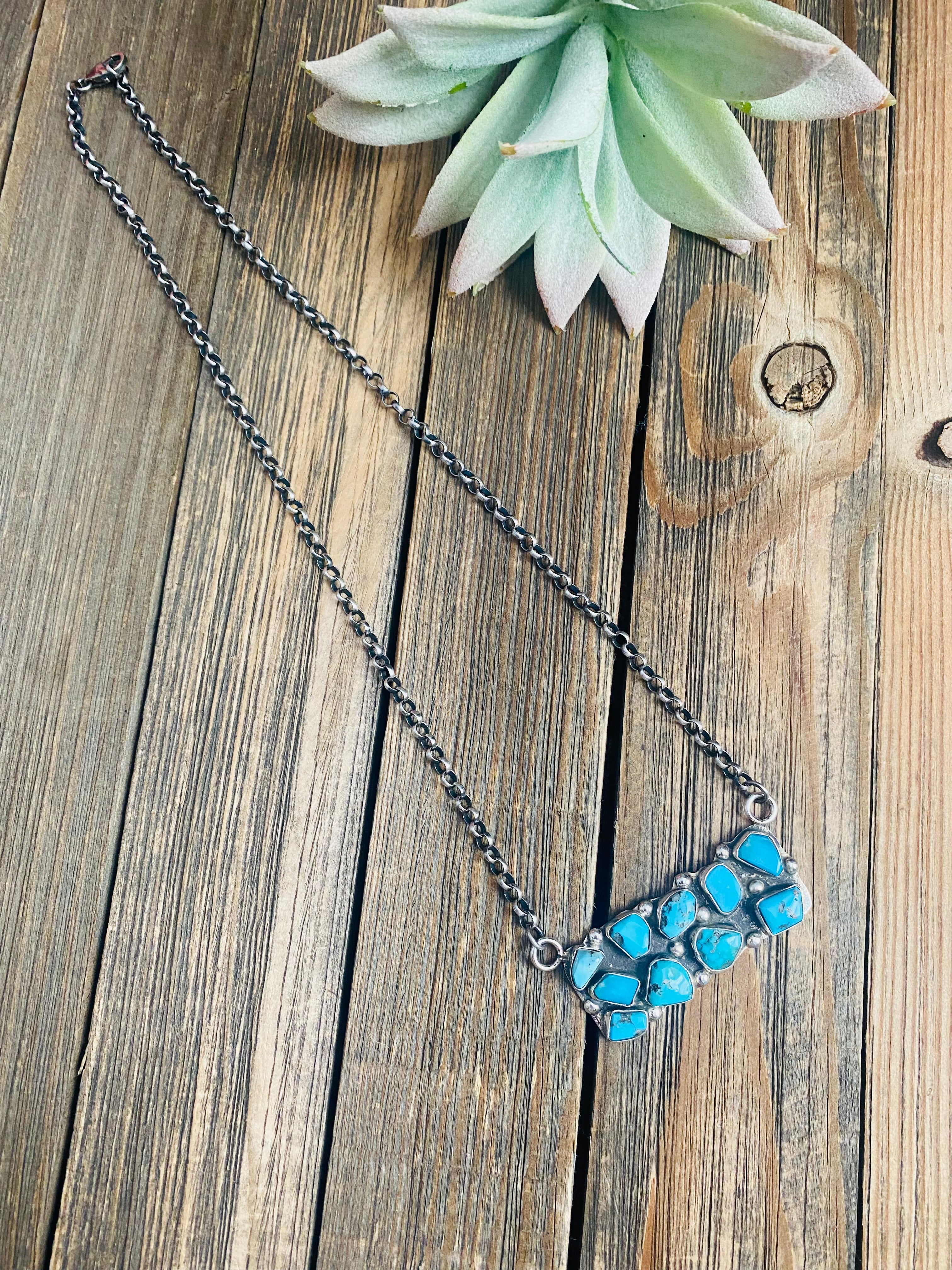 Zuni Sterling Silver & Kingman Turquoise Cluster Bar Necklace by Jude Candelaria