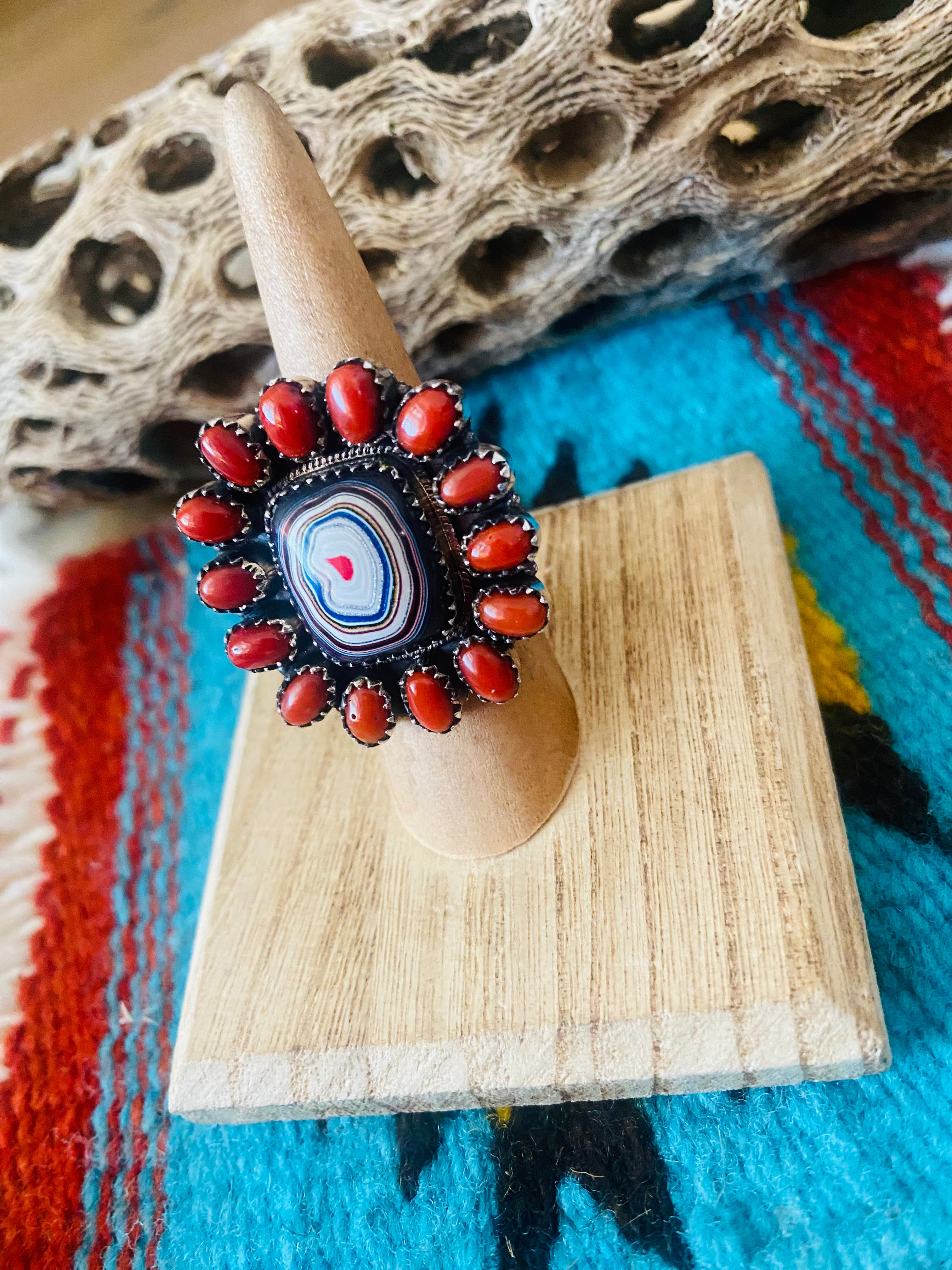 Handmade Sterling Silver, Fordite & Coral Cluster Adjustable Ring