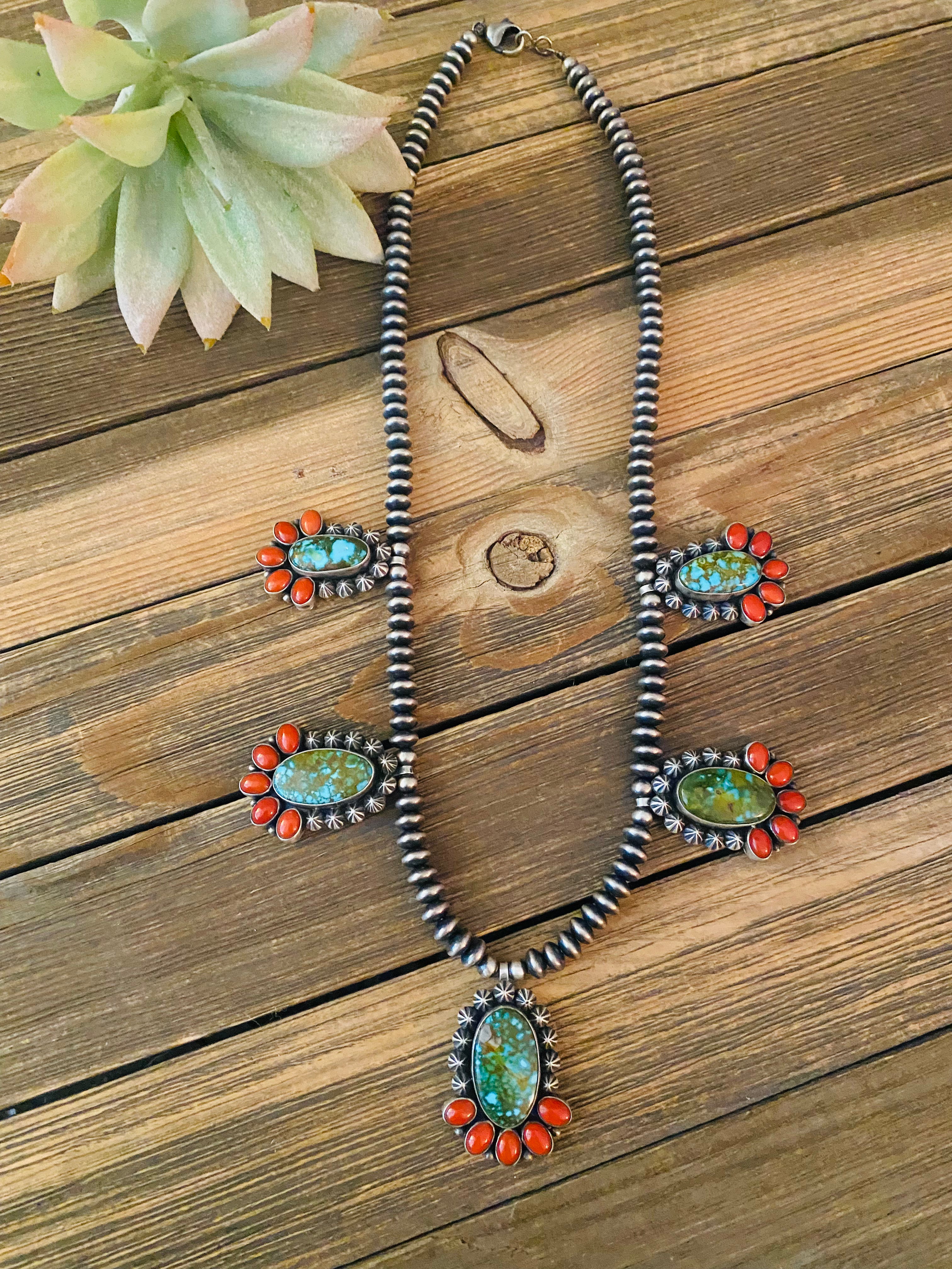 Navajo Sterling Kingman Turquoise & Natural Red Coral Necklace Taos Collection