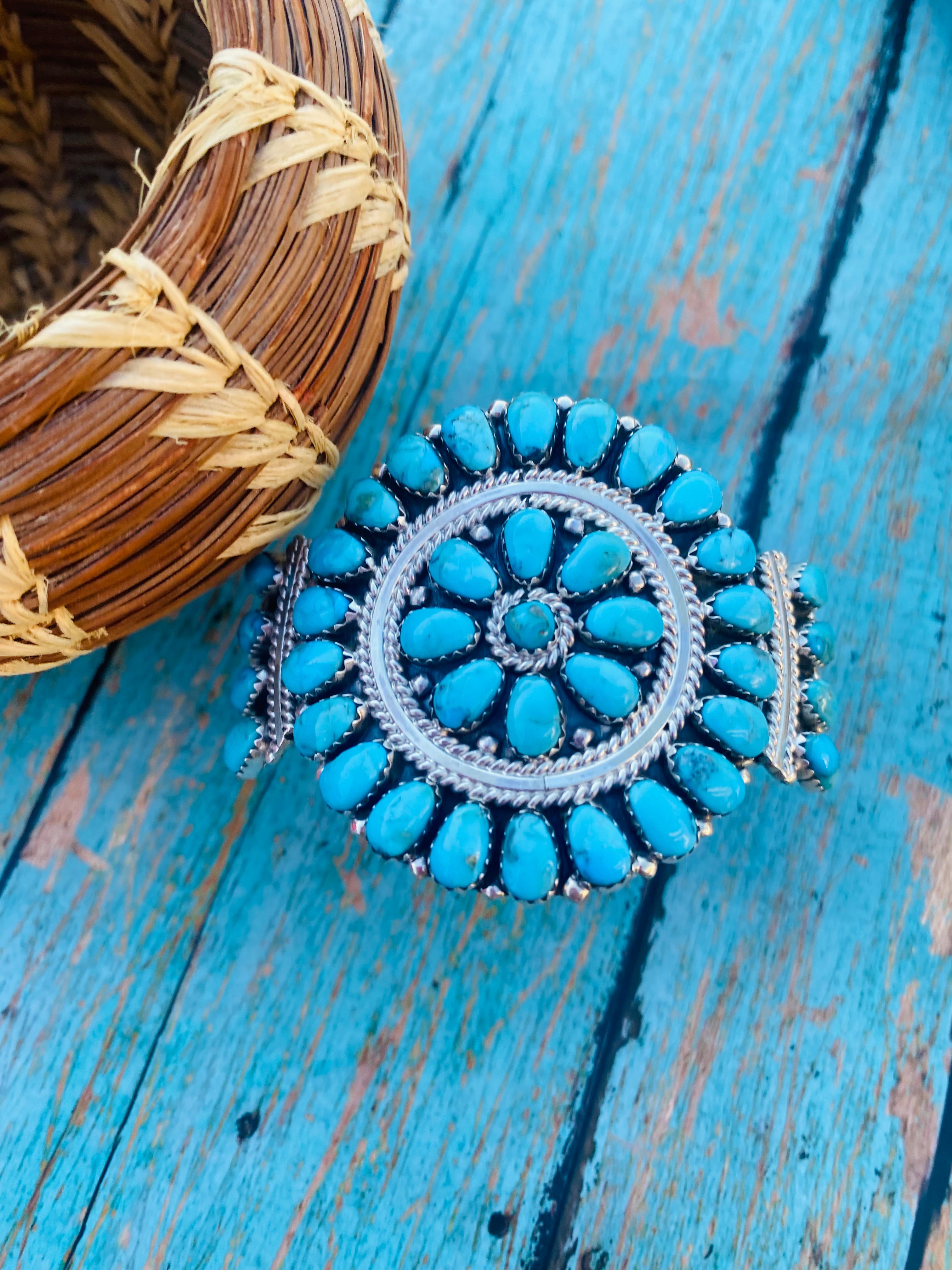 Navajo Kingman Turquoise & Sterling Silver Cluster Bracelet Cuff