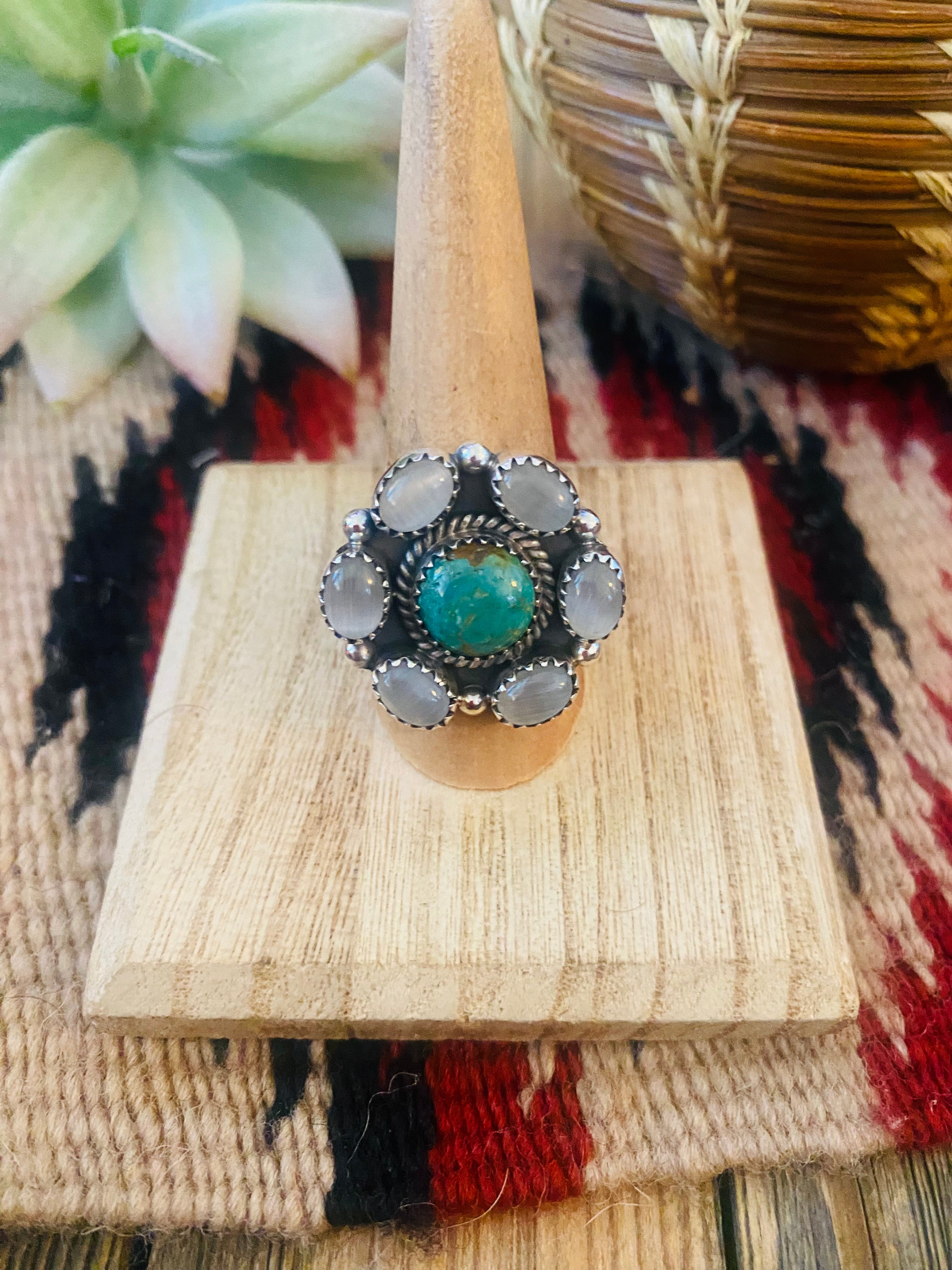 Handmade Sterling Silver, Mother of Pearl & Turquoise Cluster Adjustable Ring