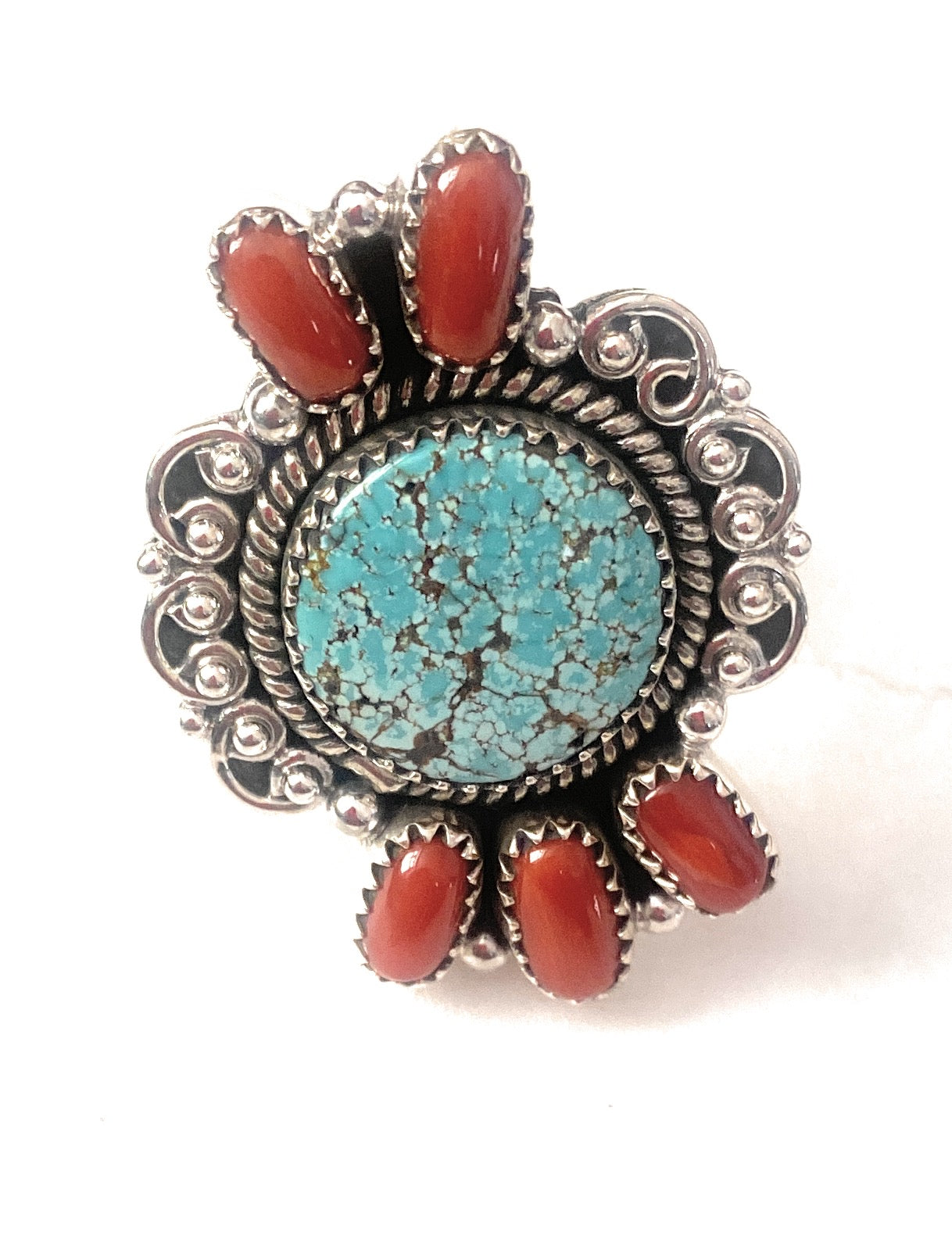 Handmade Sterling Silver, Coral & Number 8 Turquoise Adjustable Ring