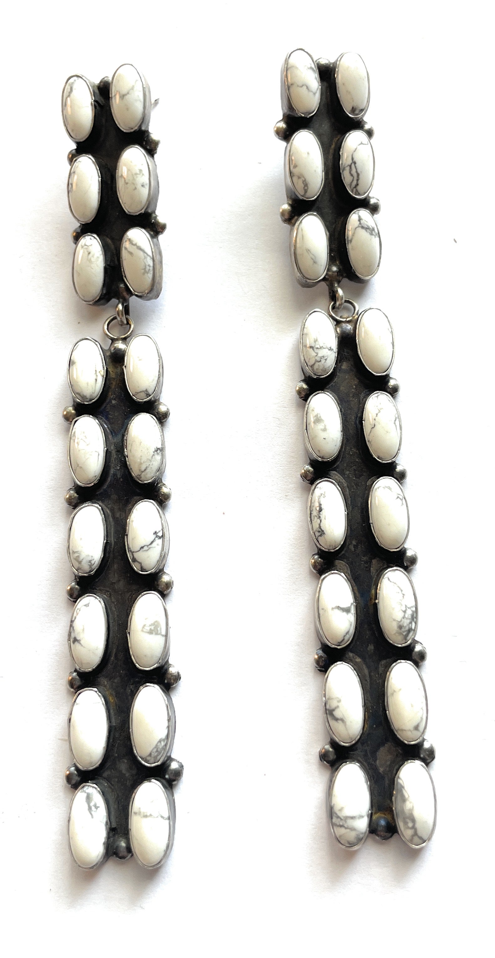 Navajo Jacqueline Silver White Buffalo & Sterling Silver Dangle Earrings Signed