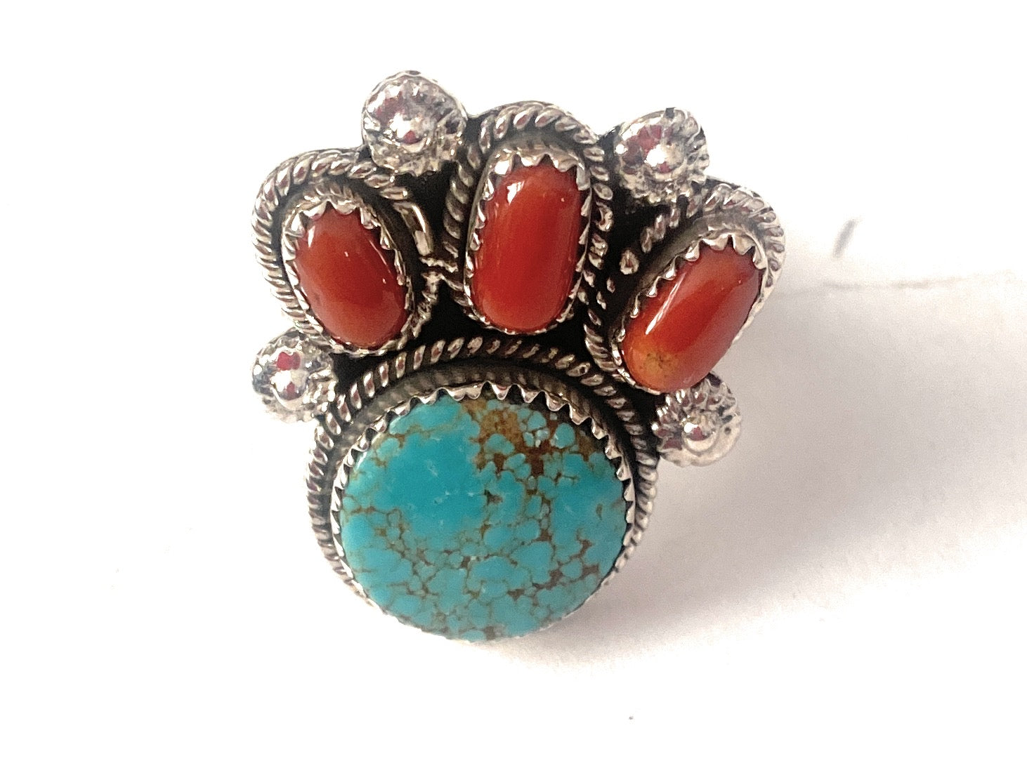 Handmade Sterling Silver, Coral & Number 8 Turquoise Adjustable Ring