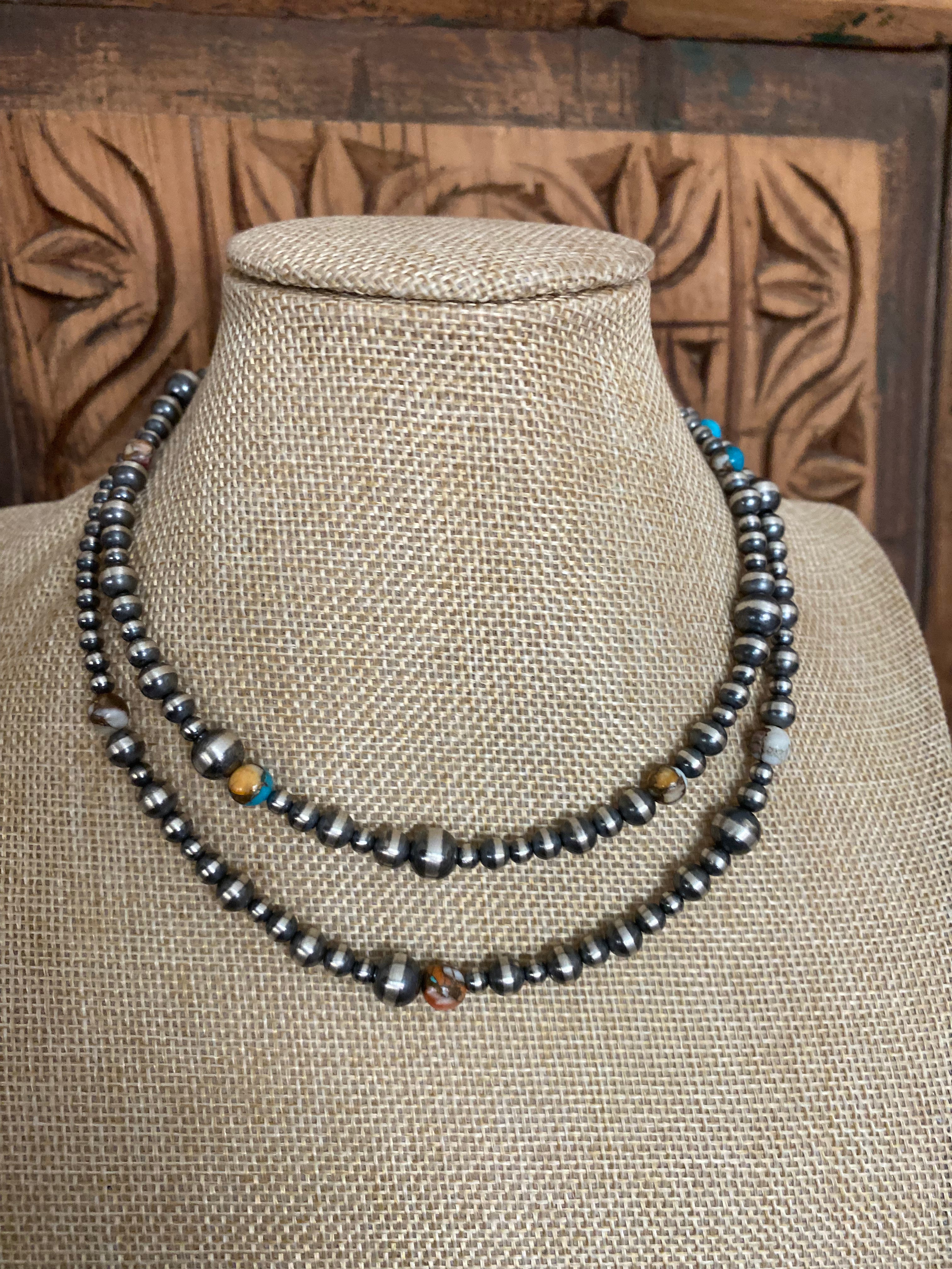 Navajo Turquoise & Spiny Spice Sterling Silver Beaded Necklace 30 inch