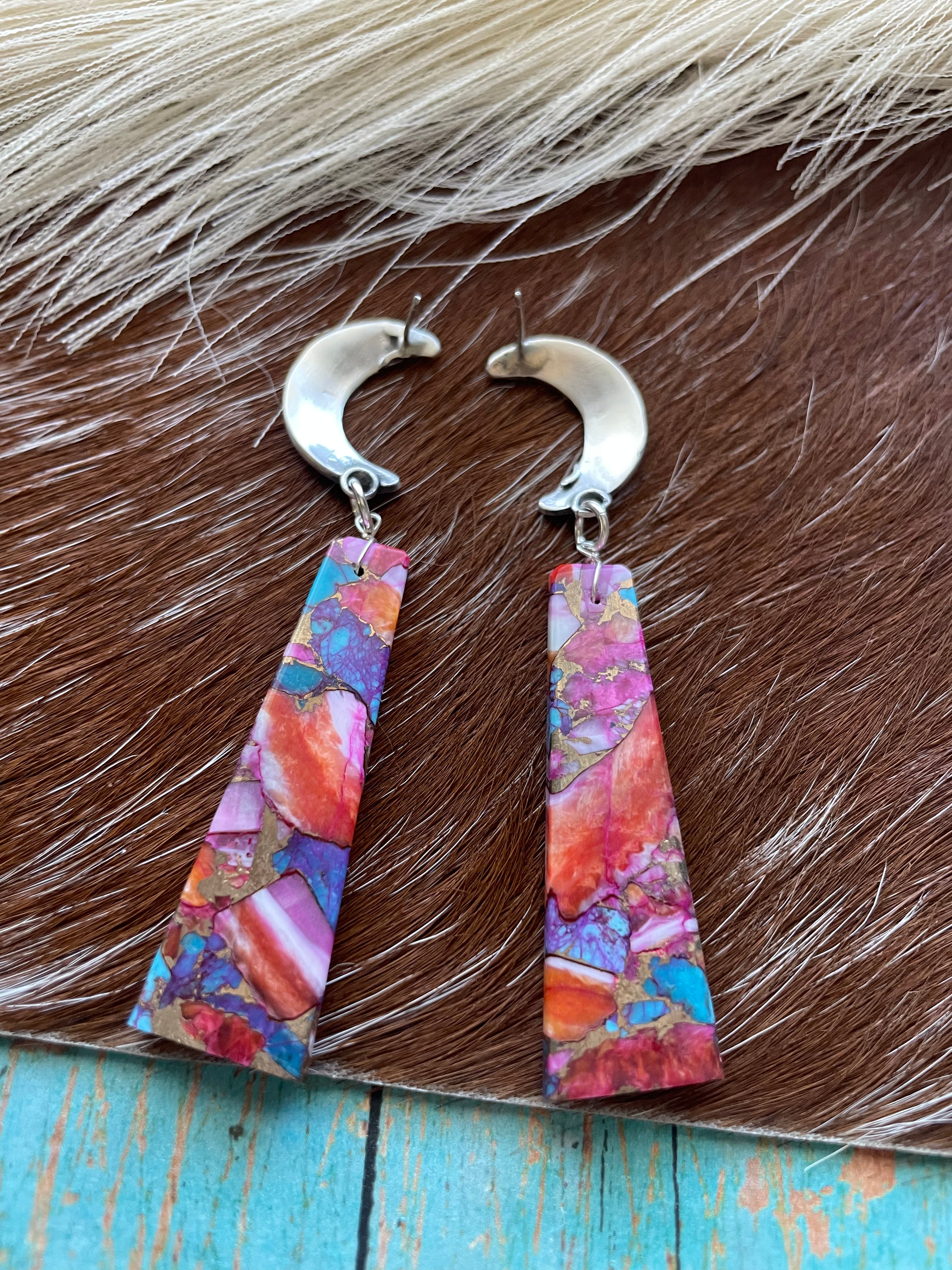 Navajo Pink Dream Mohave & Sterling Silver Moon Slab Dangles