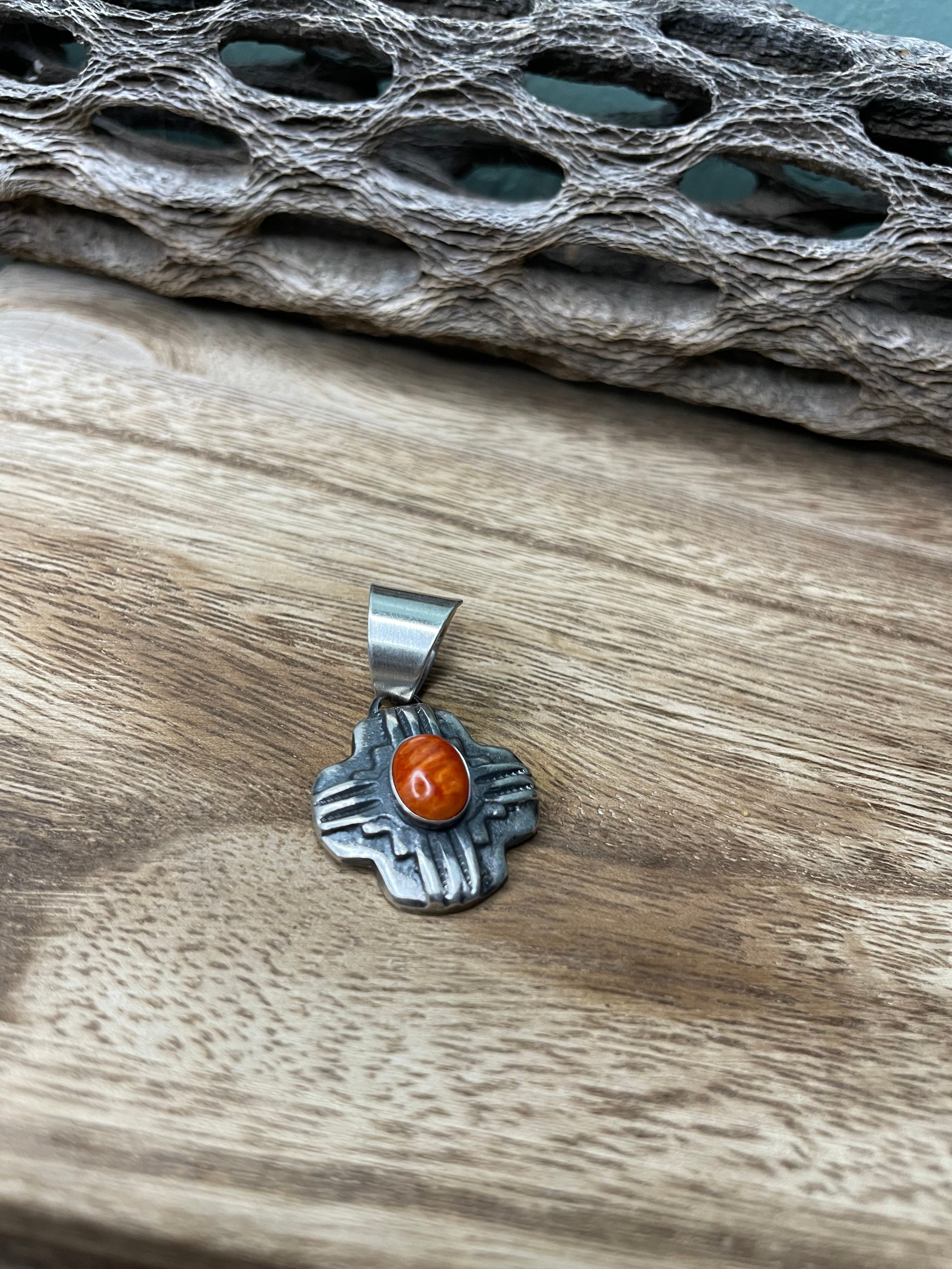 Navajo Sterling Silver Orange Spiny Pendant By Chimney Butte