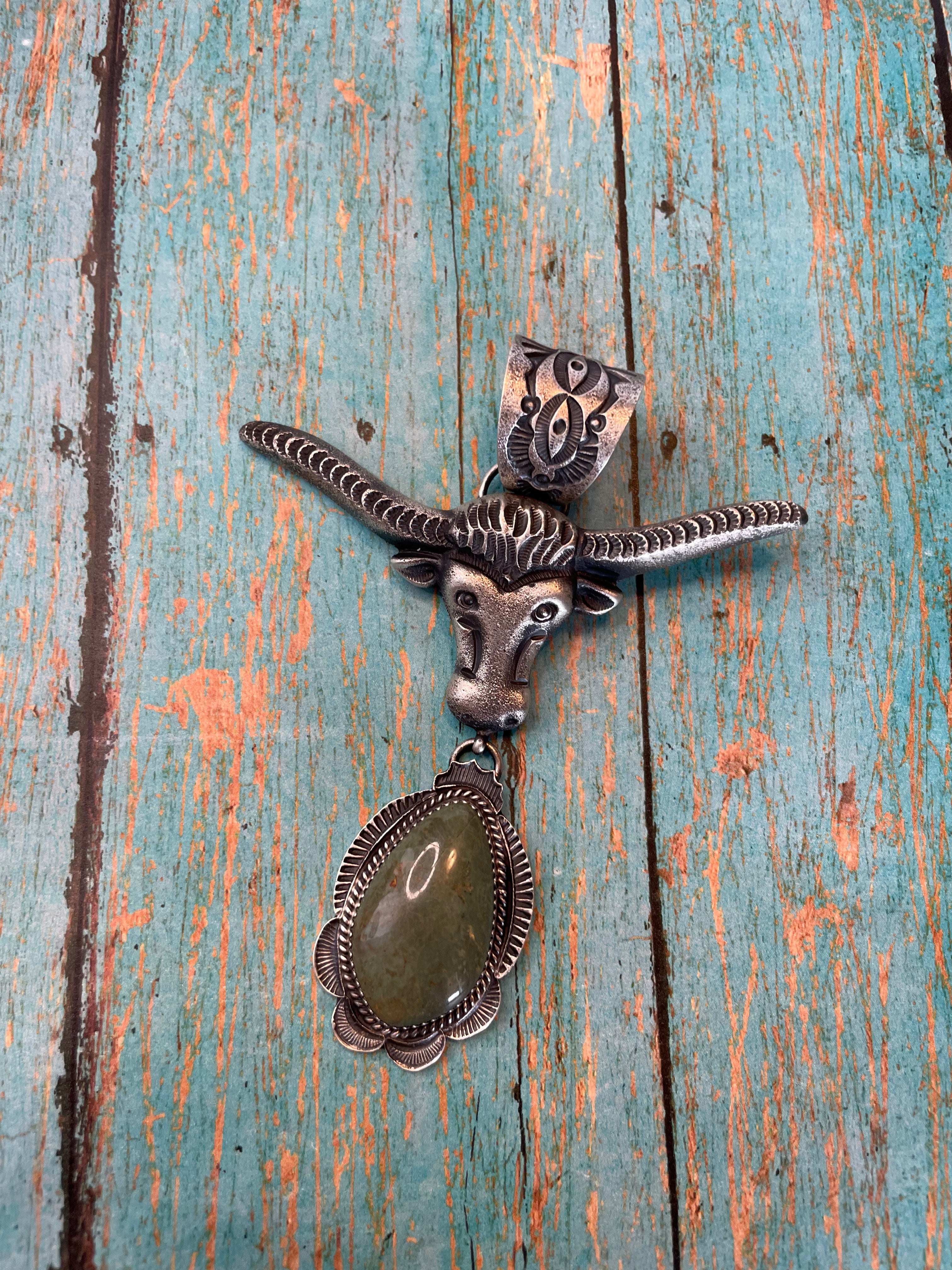 Navajo Sterling Silver And Turquoise Long Horn Pendant By Kevin Billah