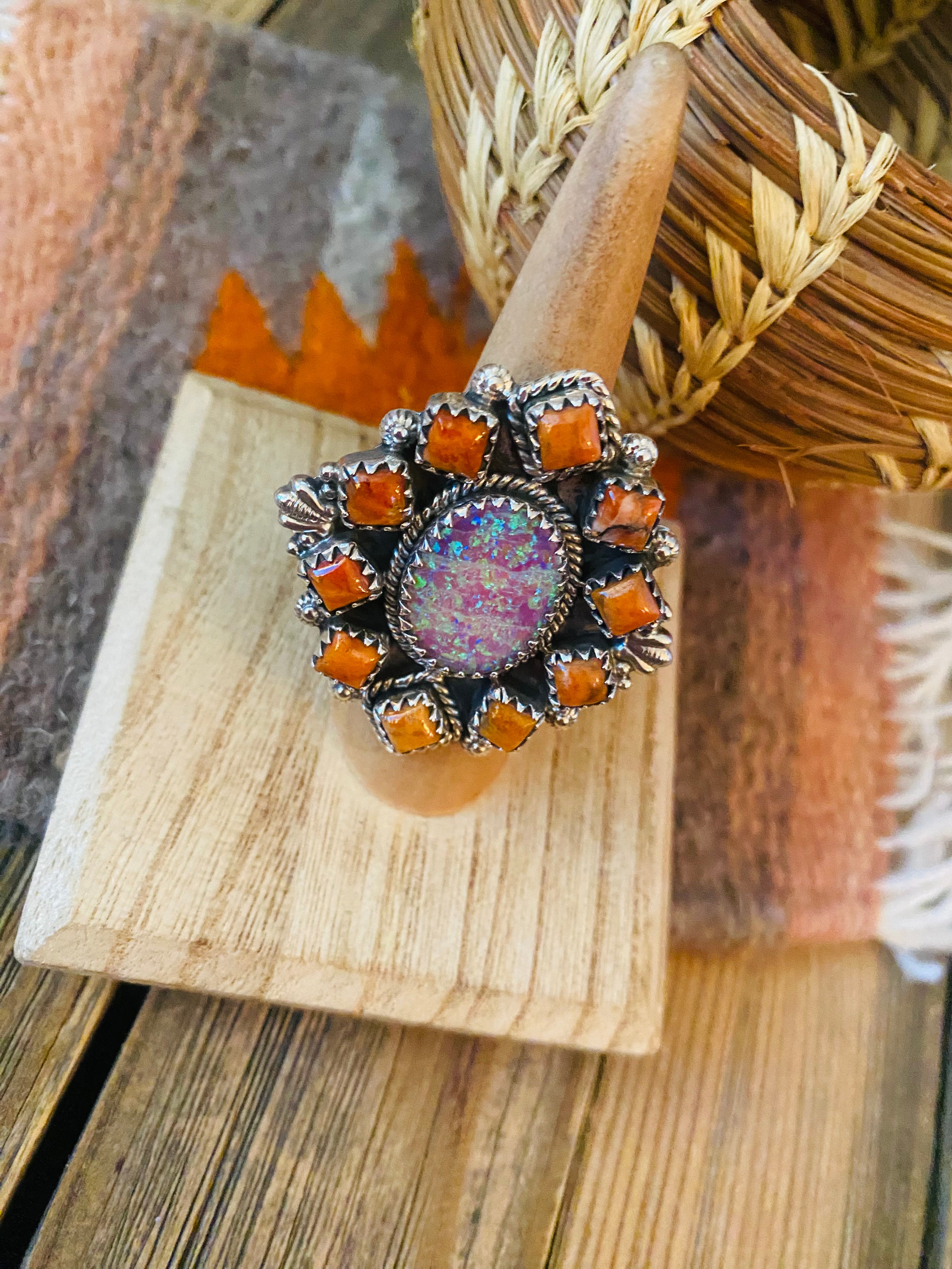 Handmade Sterling Silver, Orange Mojave & Opal Cluster Adjustable Ring