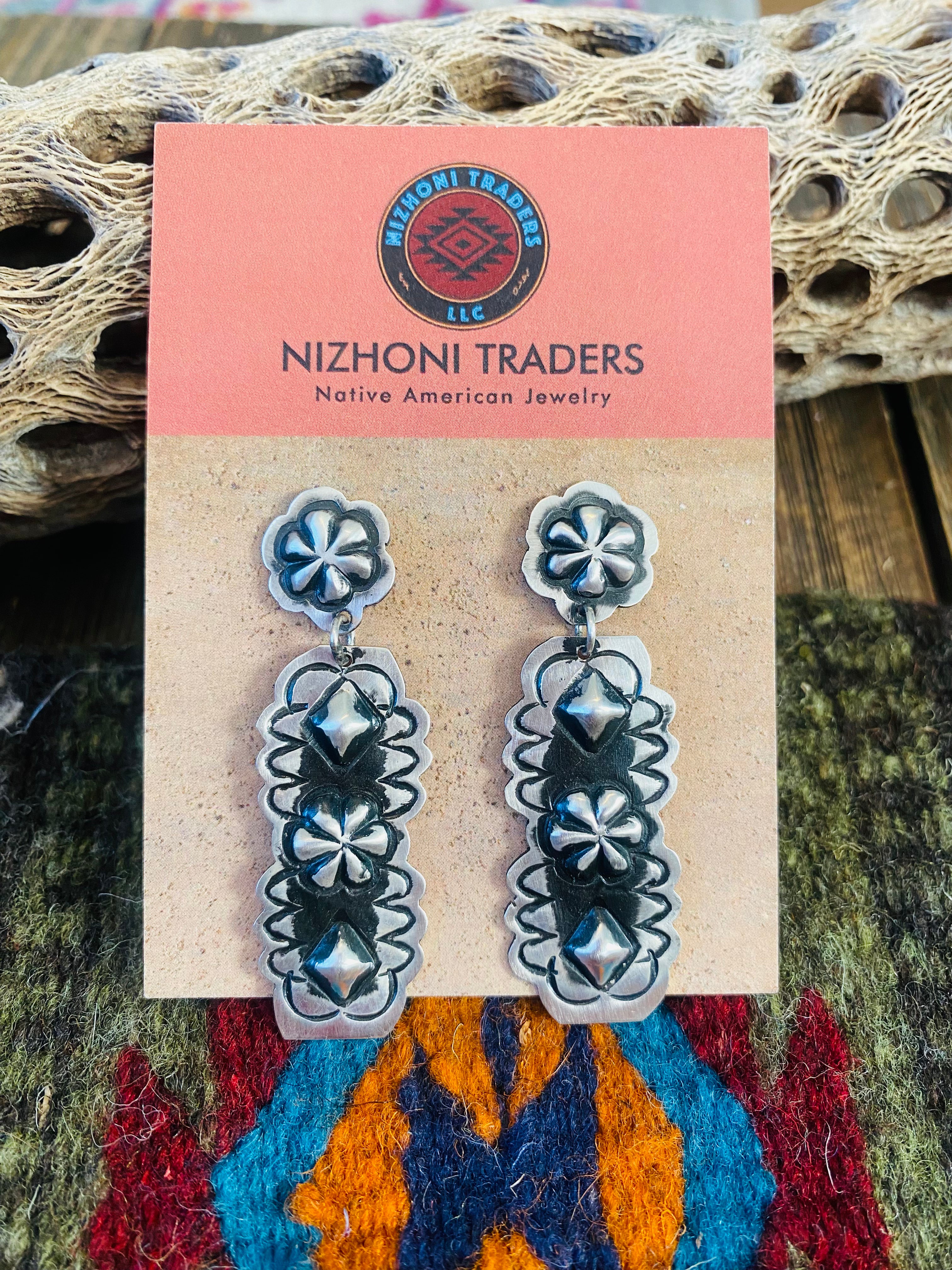 Navajo Sterling Silver Concho Dangle Earrings By Leander Tahe