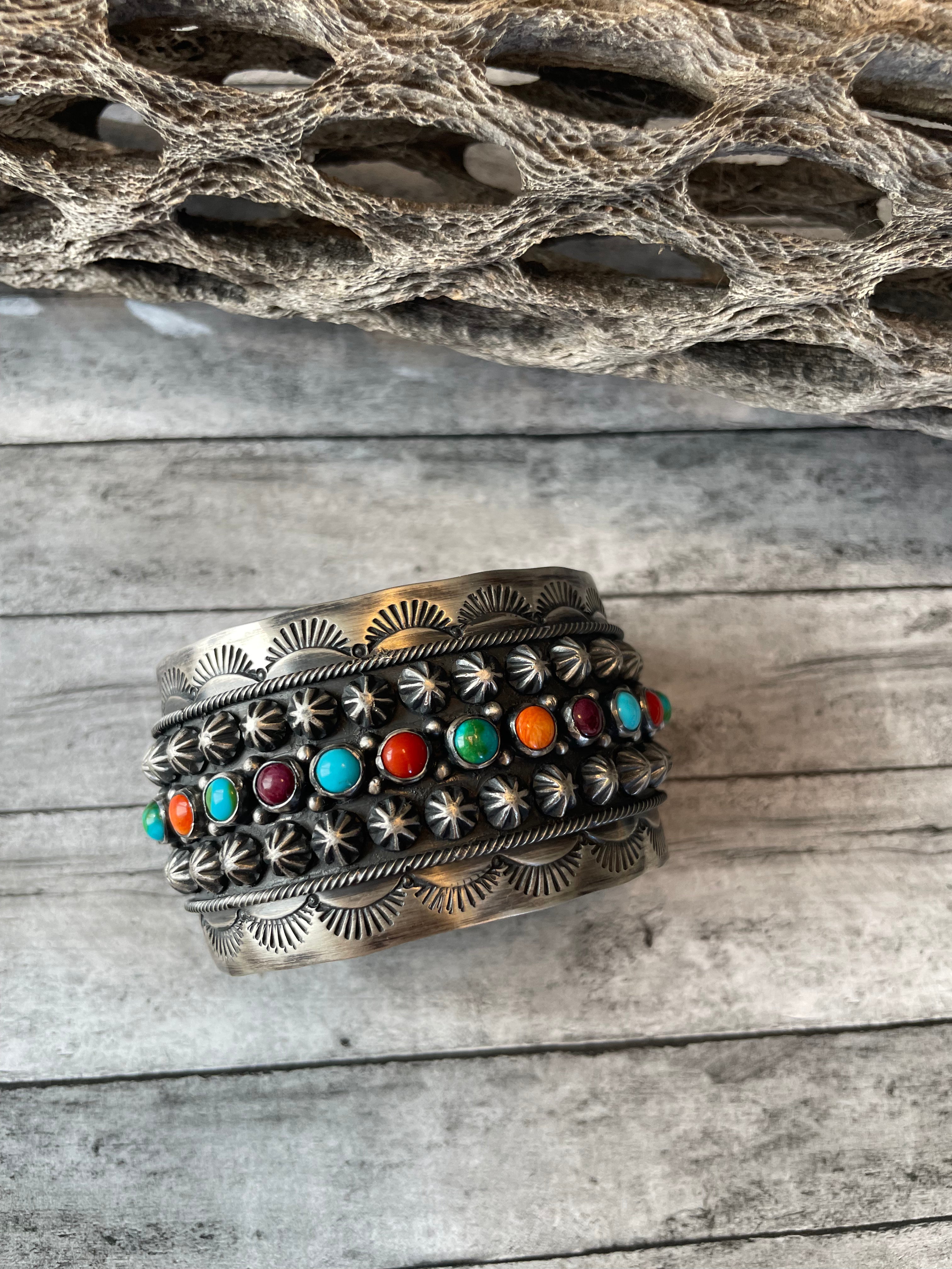 Navajo Sterling Silver And Multi Stone Bracelet Cuff By A Douglas