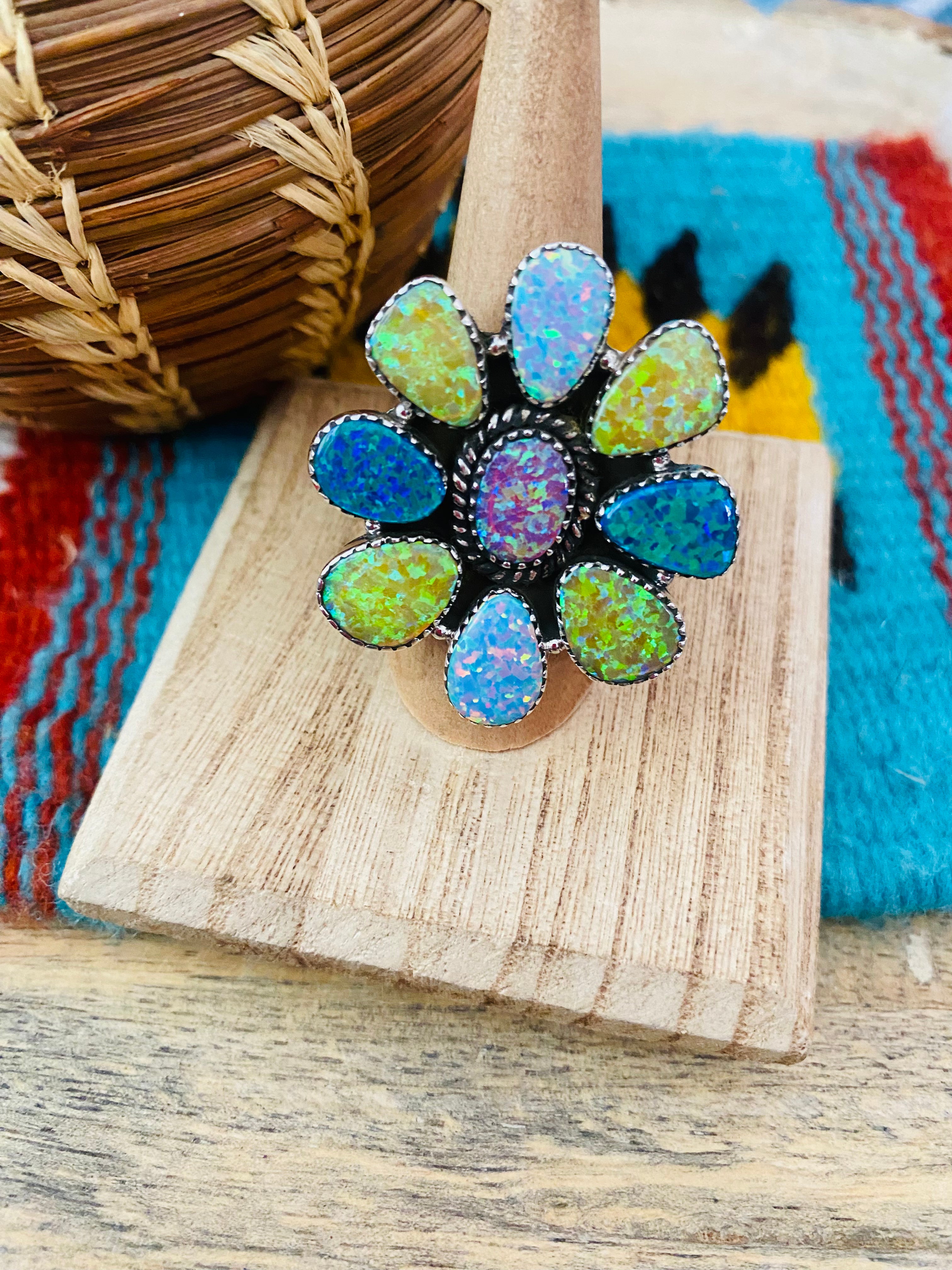 Handmade Sterling Silver & Opal Cluster Adjustable Ring