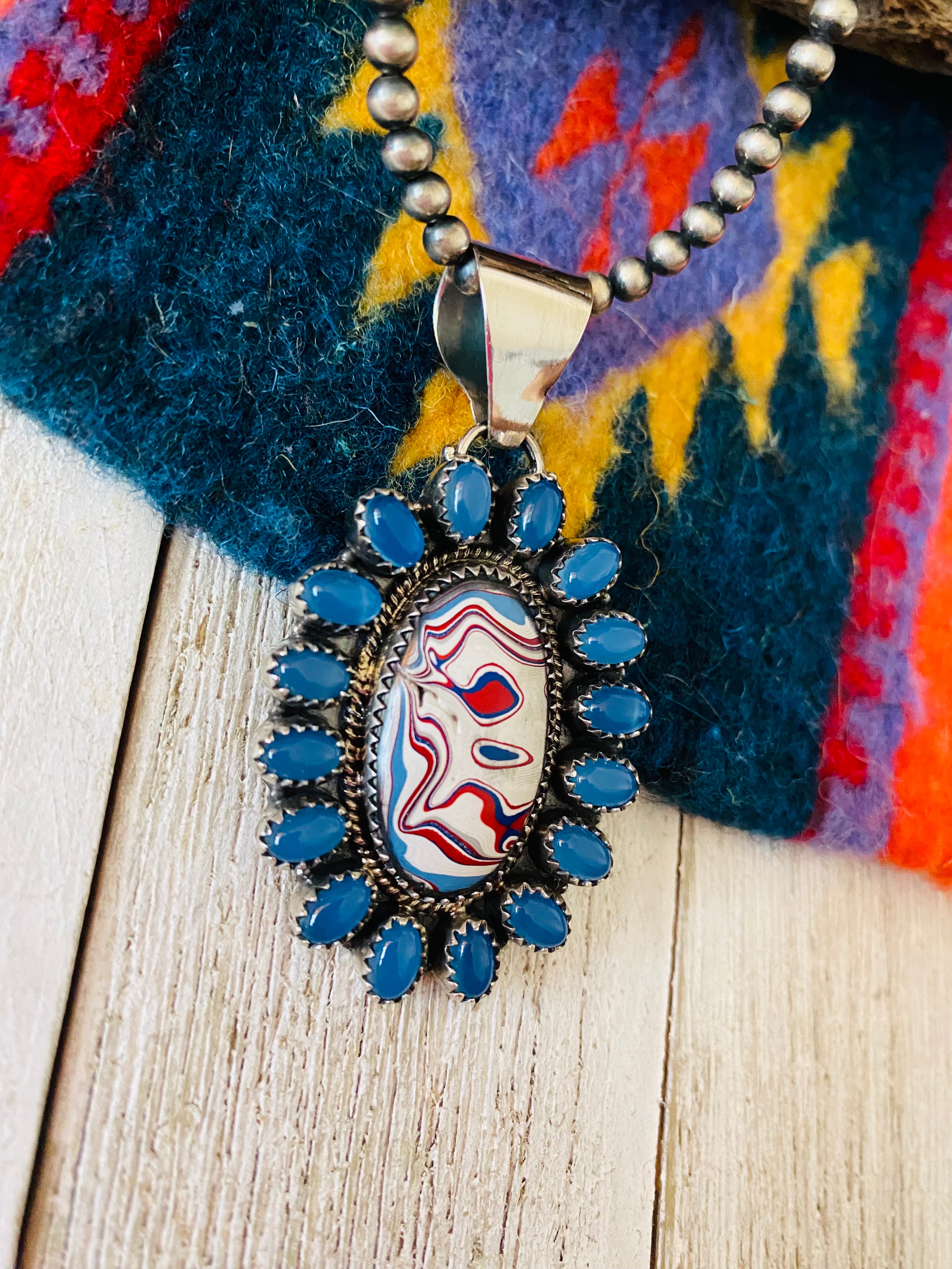 Handmade Sterling Silver, Fordite & Blue Calcedony Cluster Pendant