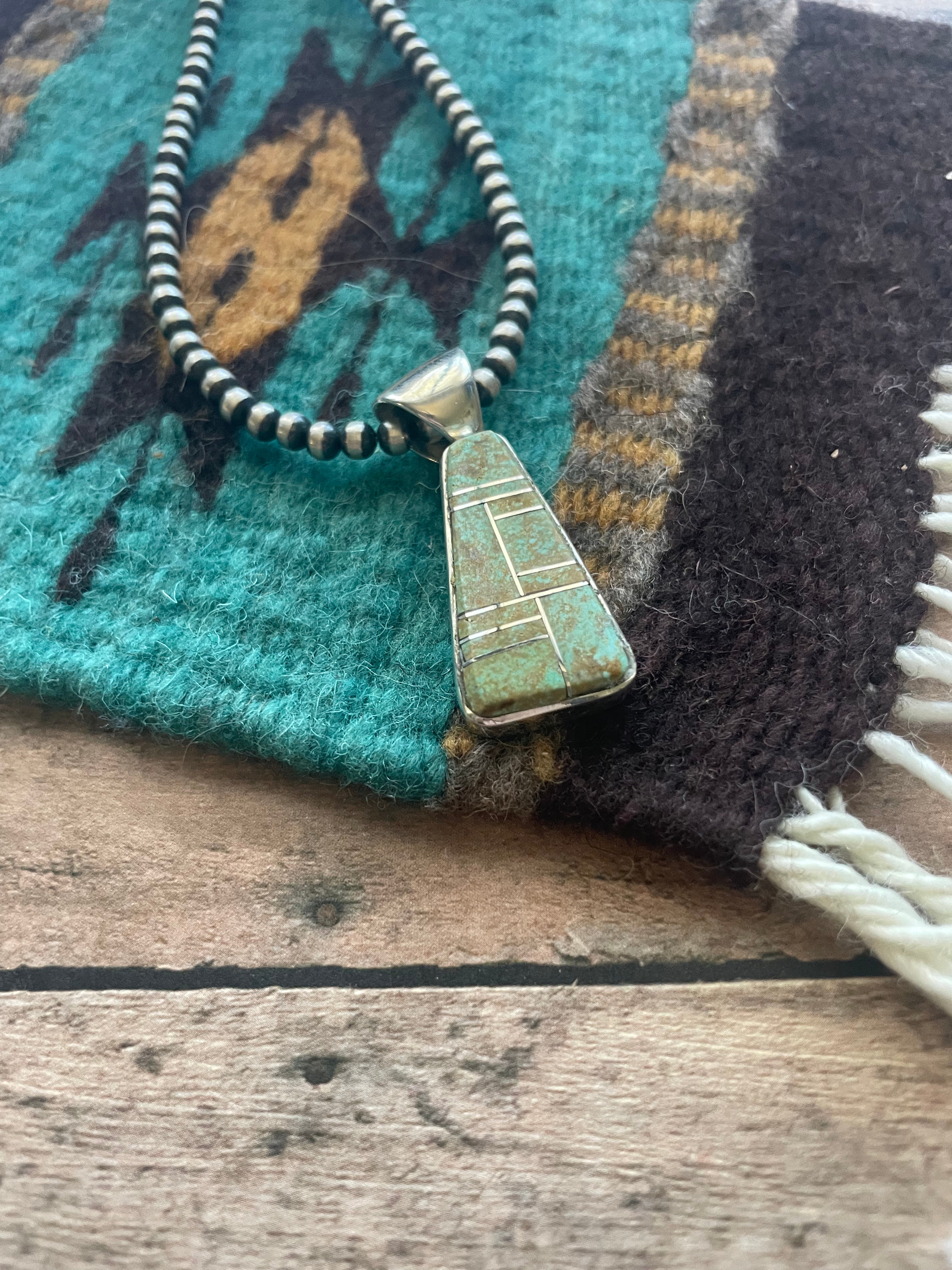 Number 8 Turquoise Inlay & Sterling Silver Pendant