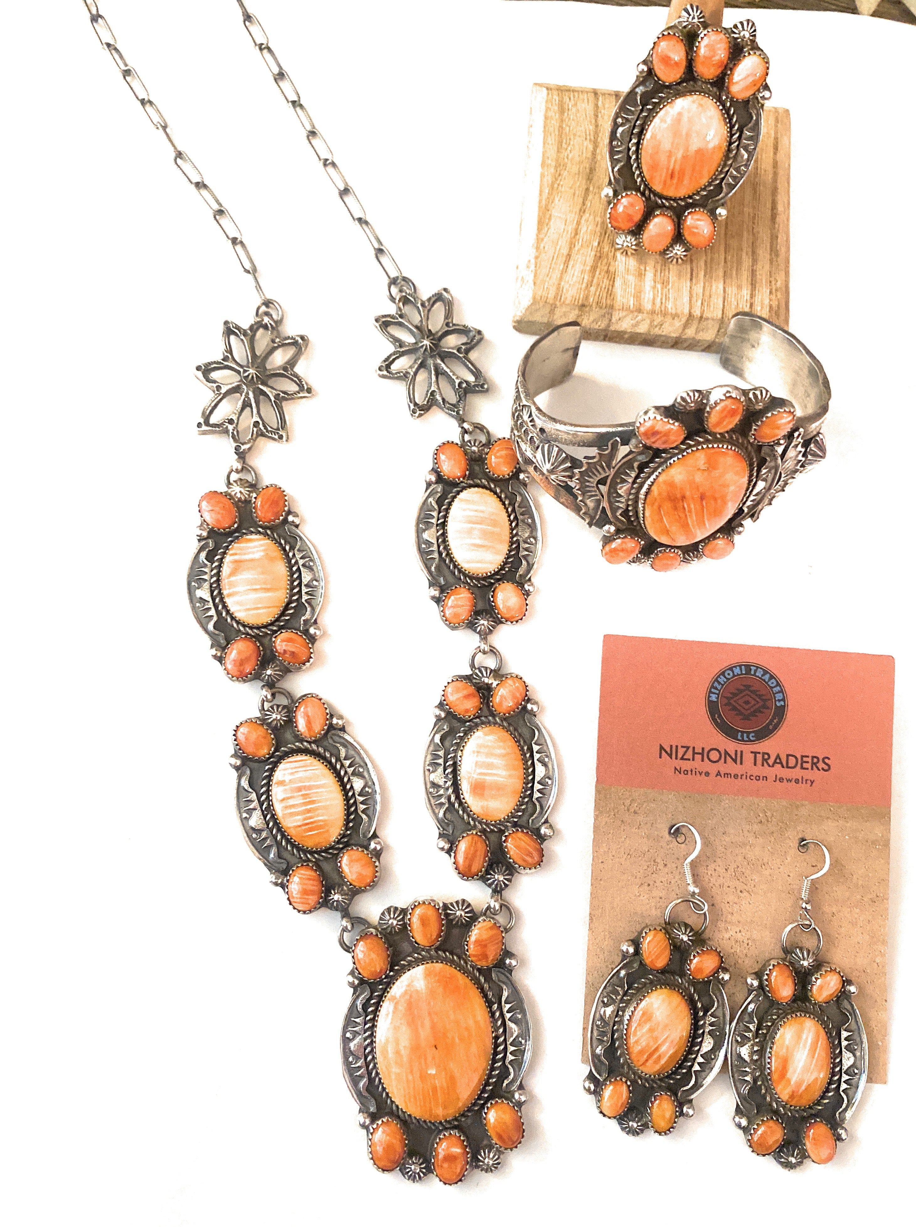 Navajo Orange Spiny And Sterling Silver 4 Piece Set by Kevin Billah