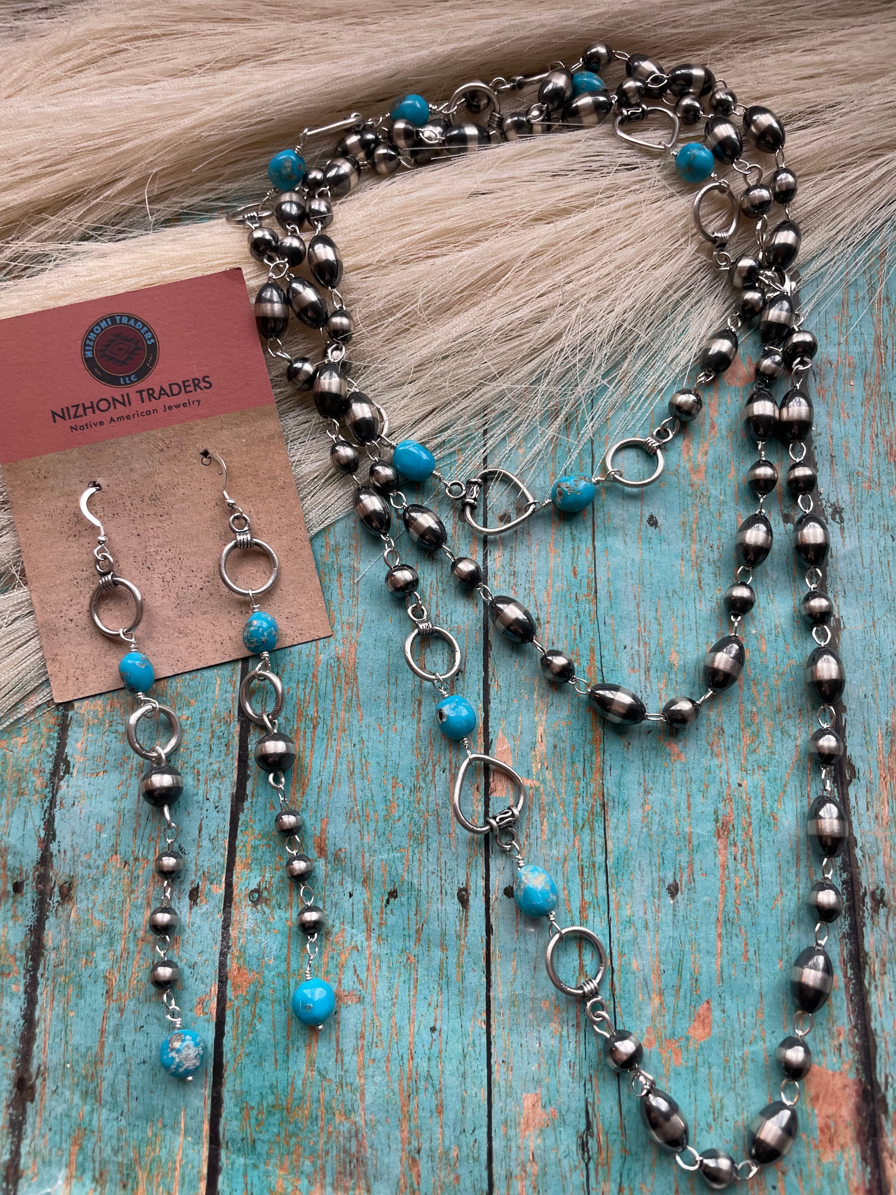 Navajo Sterling Silver & Turquoise Beaded Necklace & Earrings Set