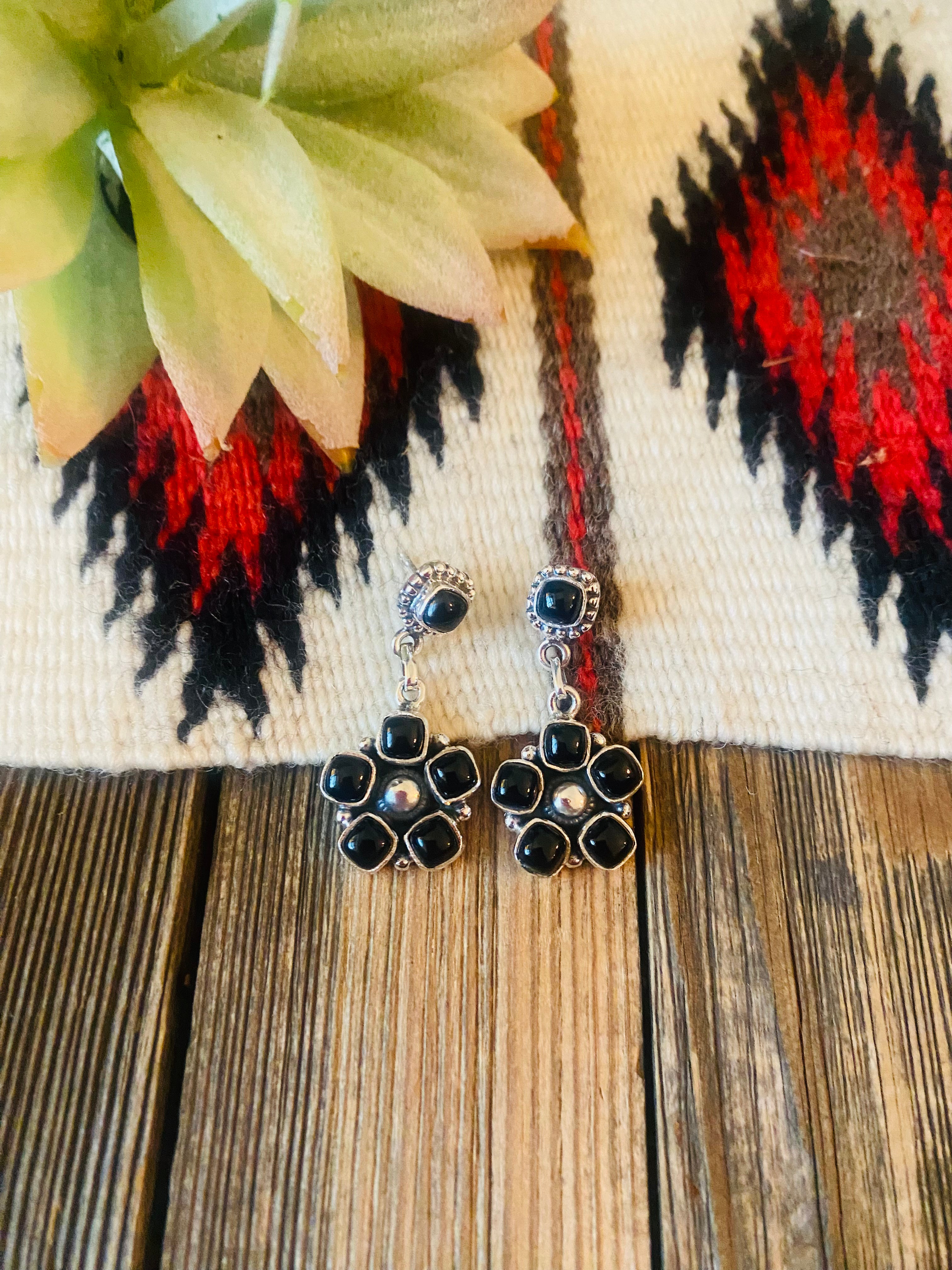 Handmade Black Onyx And Sterling Silver Cluster Dangle Earrings