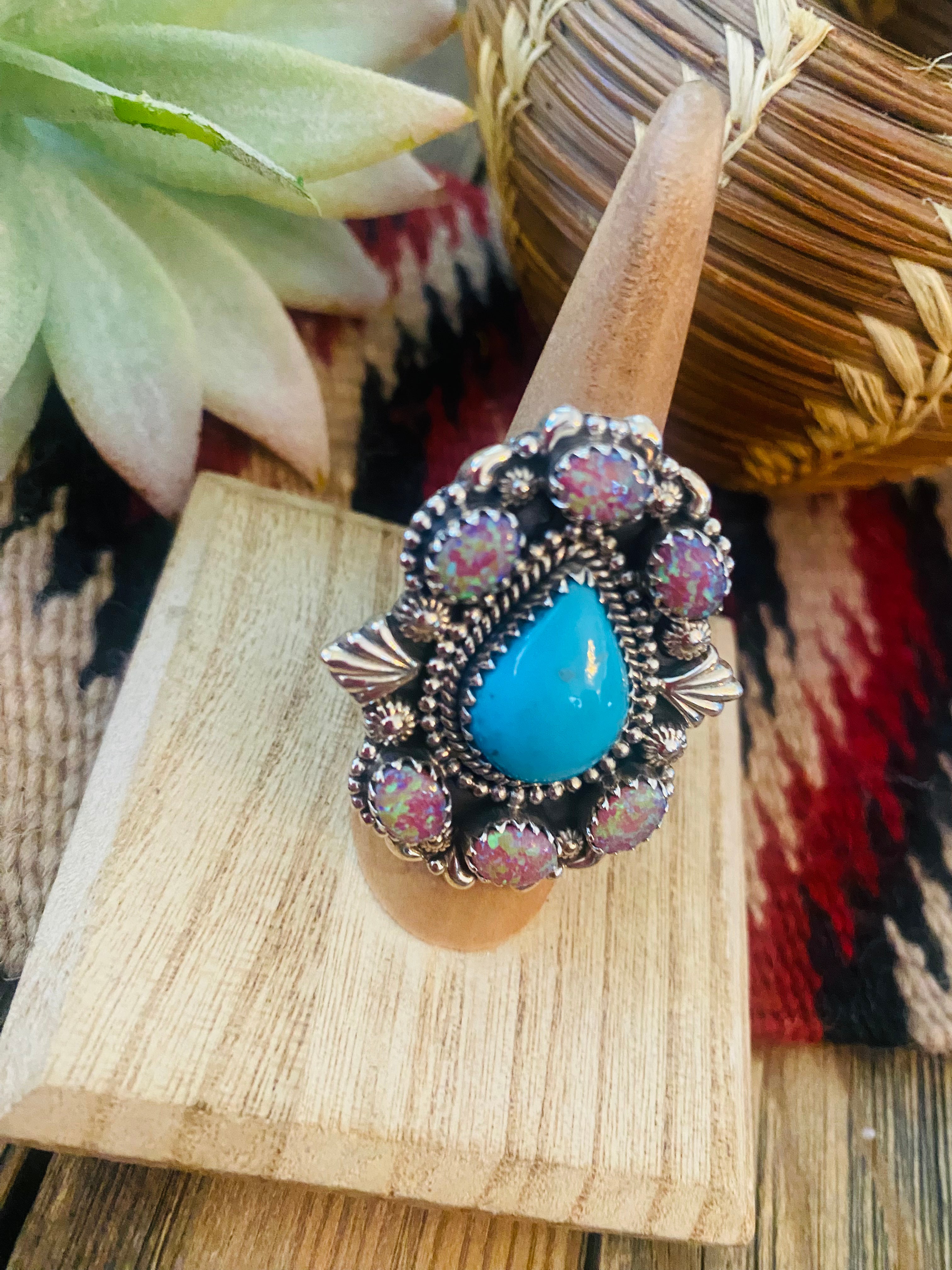 Handmade Sterling Silver, Turquoise & Opal Cluster Adjustable Ring