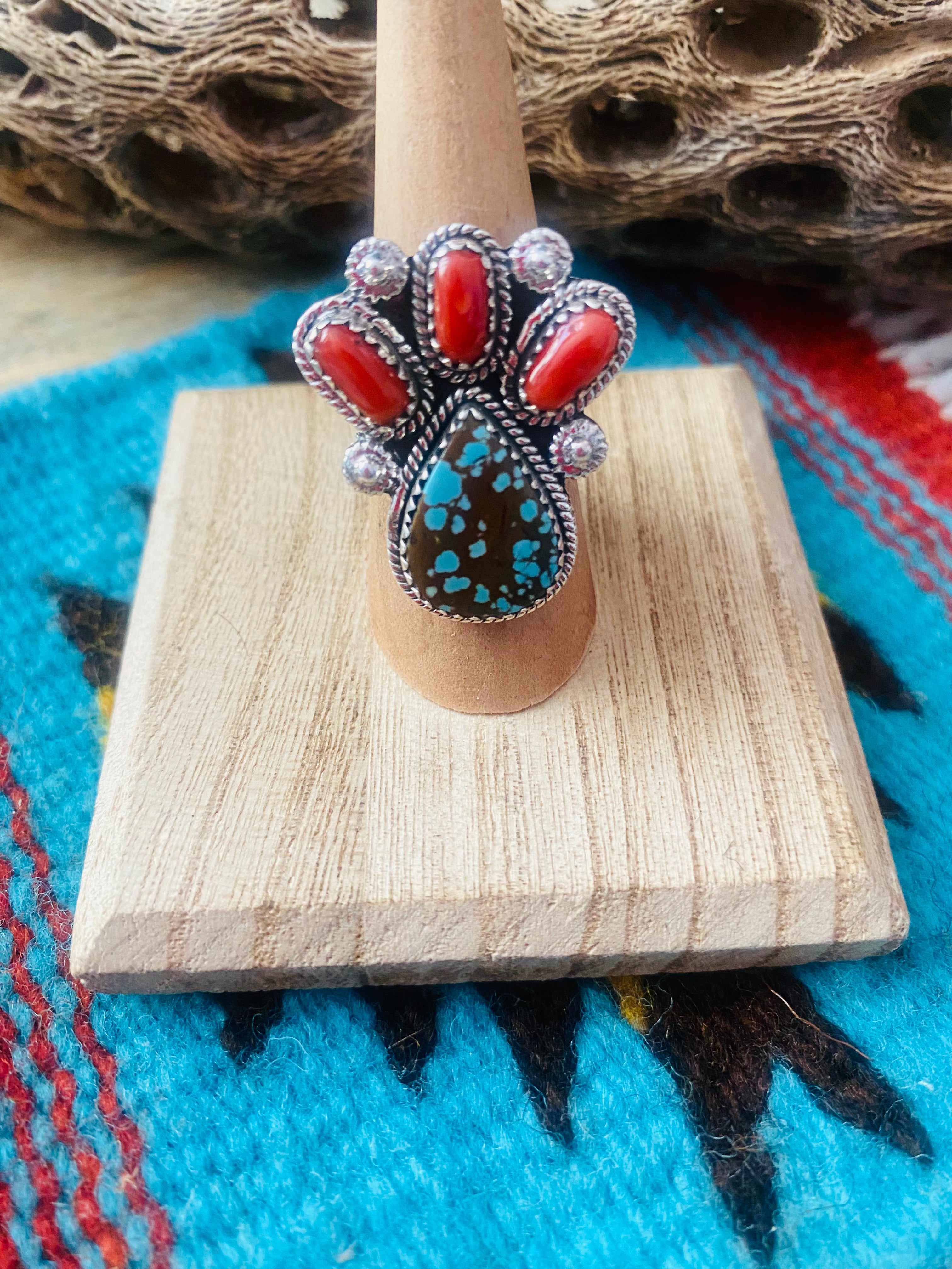 Handmade Sterling Silver, Coral & Number 8 Turquoise Adjustable Ring