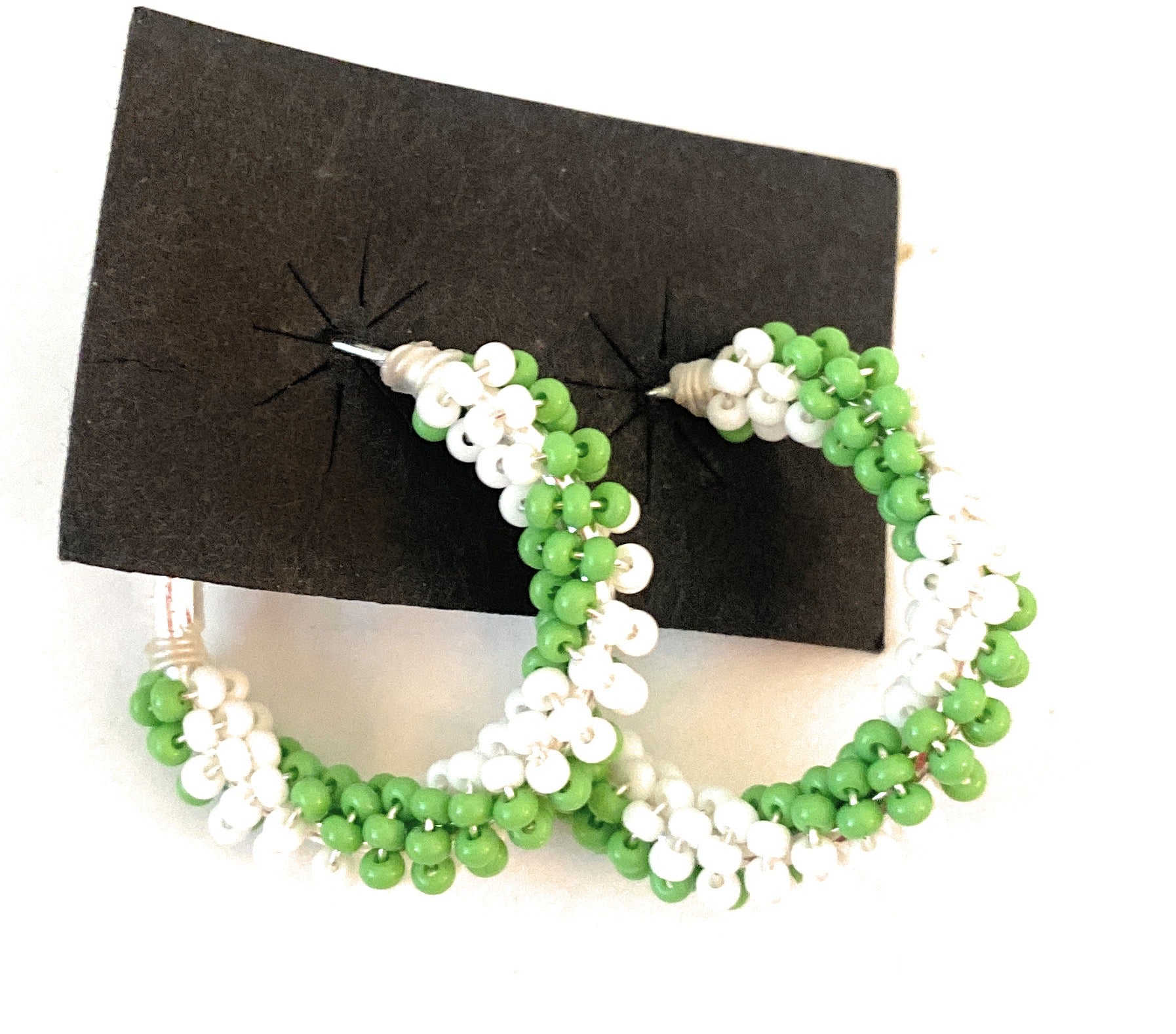 Navajo Handmade Beaded Hoop Earrings- green/white