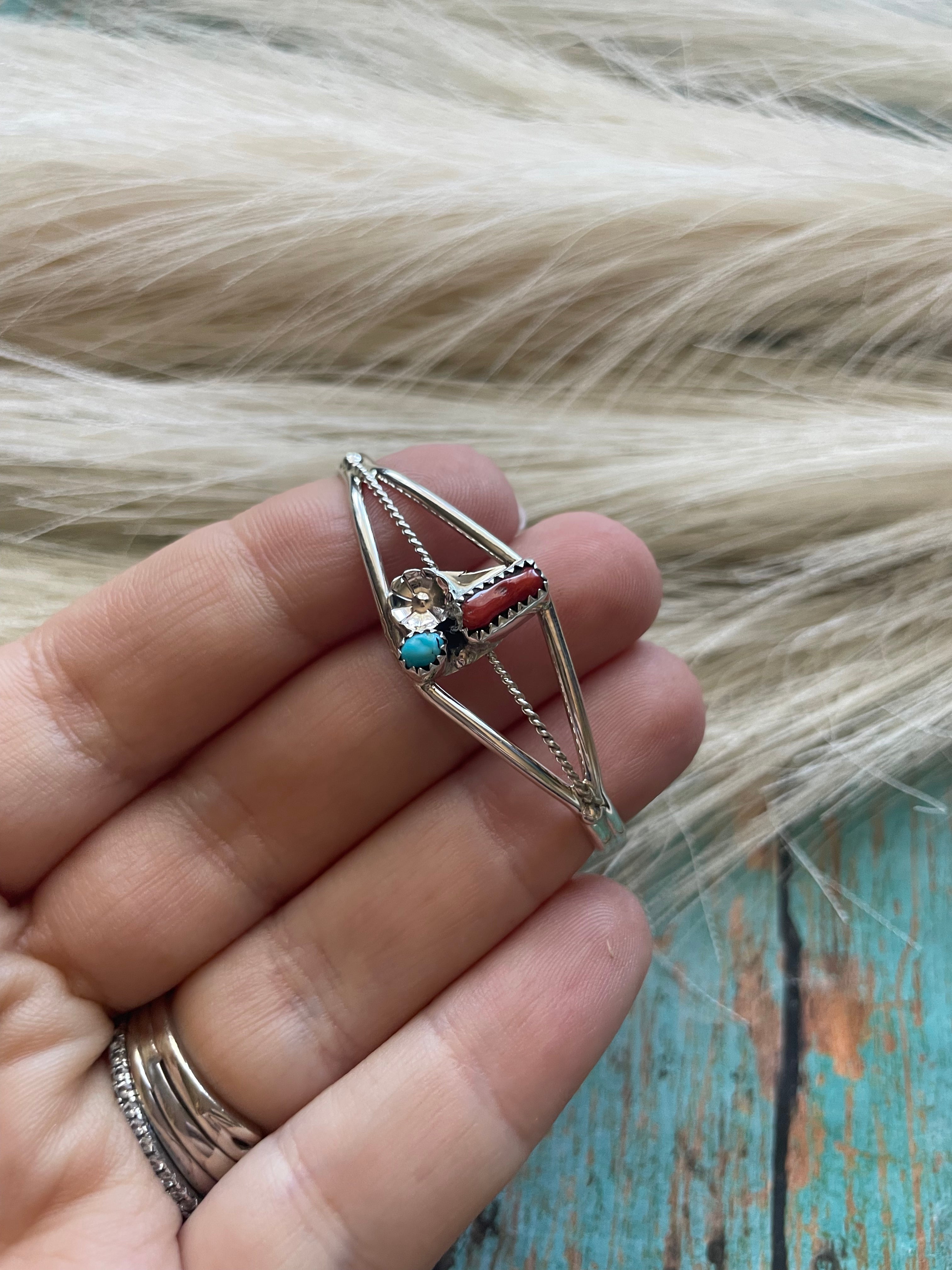 Navajo Sterling Silver, Turquoise, & Coral Baby Cuff Bracelet