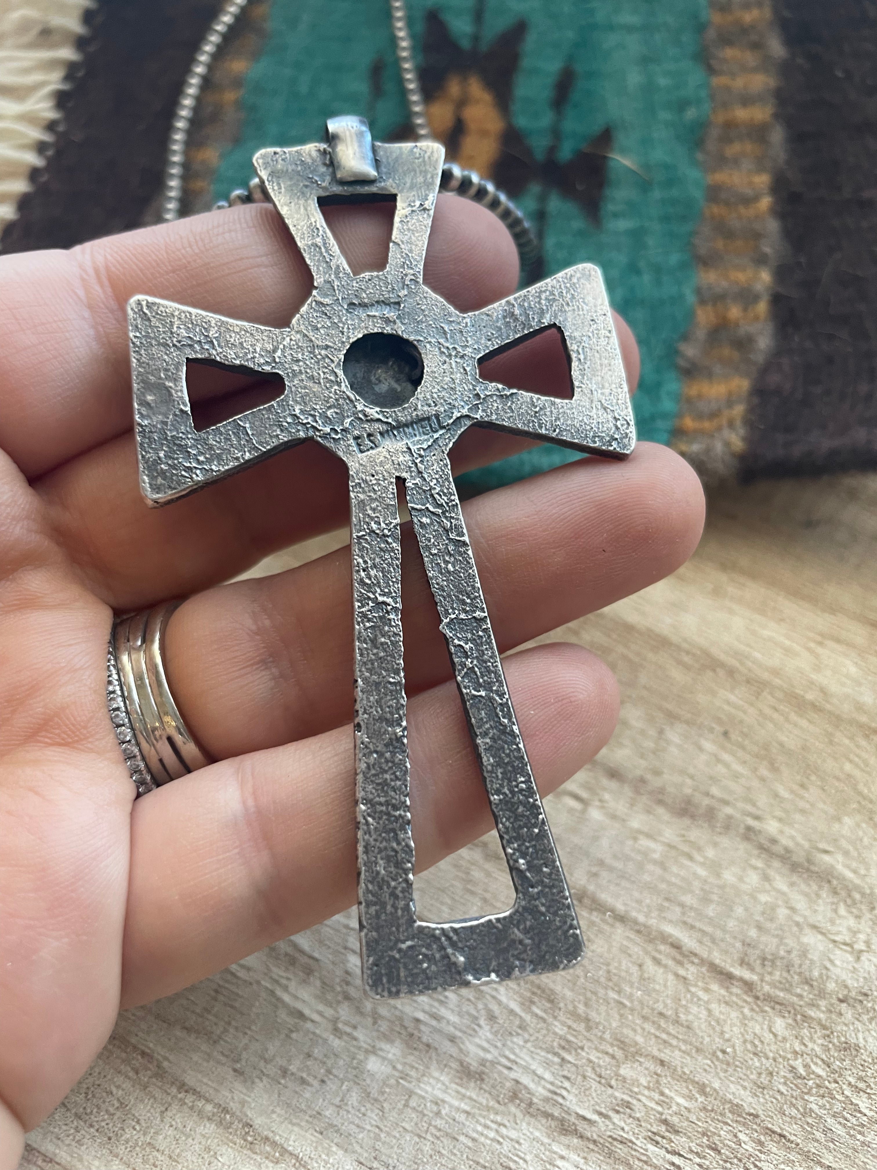 Navajo Sterling Silver & Turquoise Cross Pendant Signed Eugene Mitchell