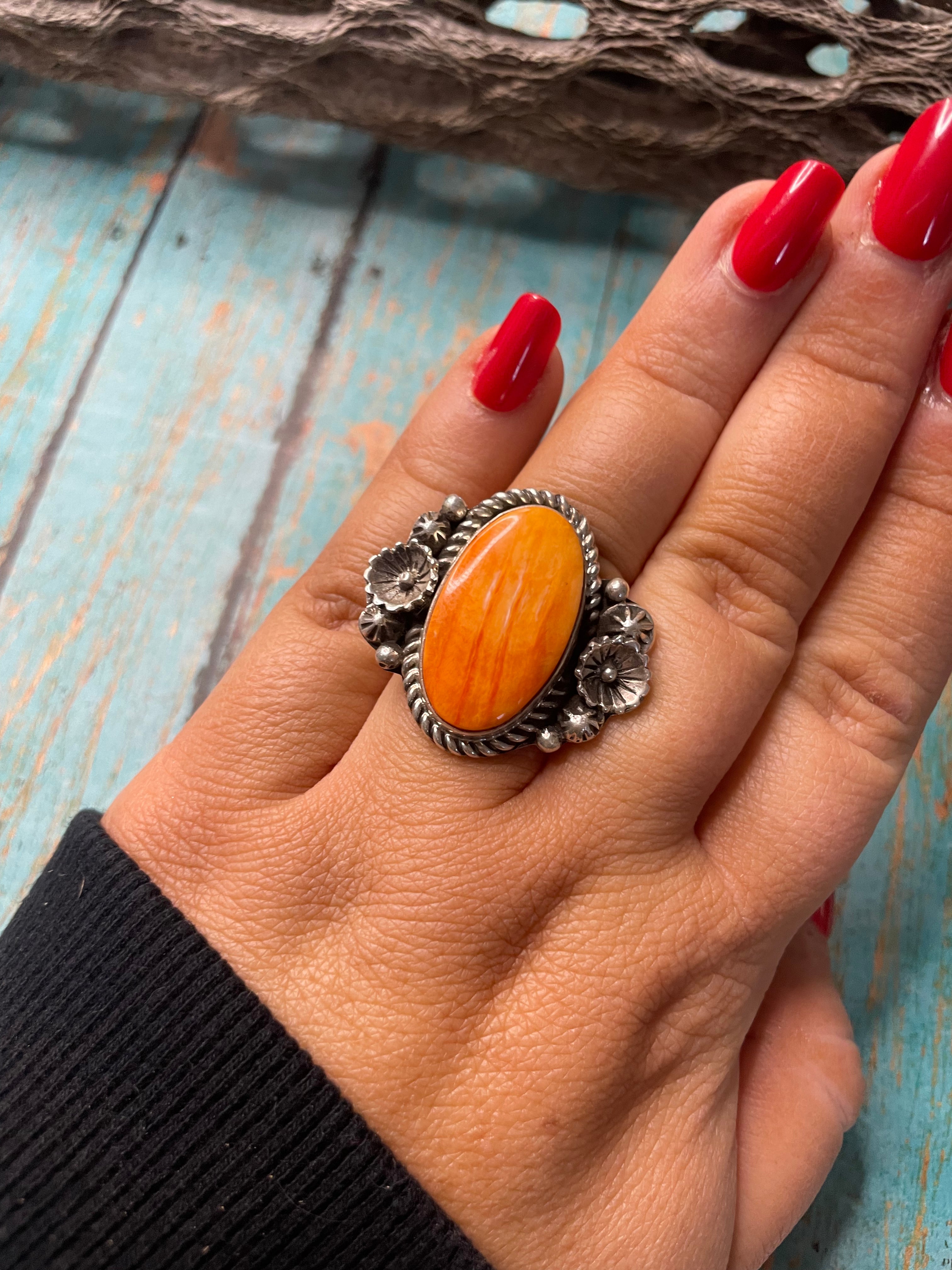 Old Pawn Navajo Sterling Silver & Orange Spiny Ring Size 8