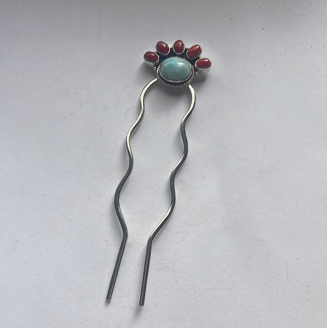 Handmade Coral & Larimar Sterling Silver Hair Pin Signed Nizhoni