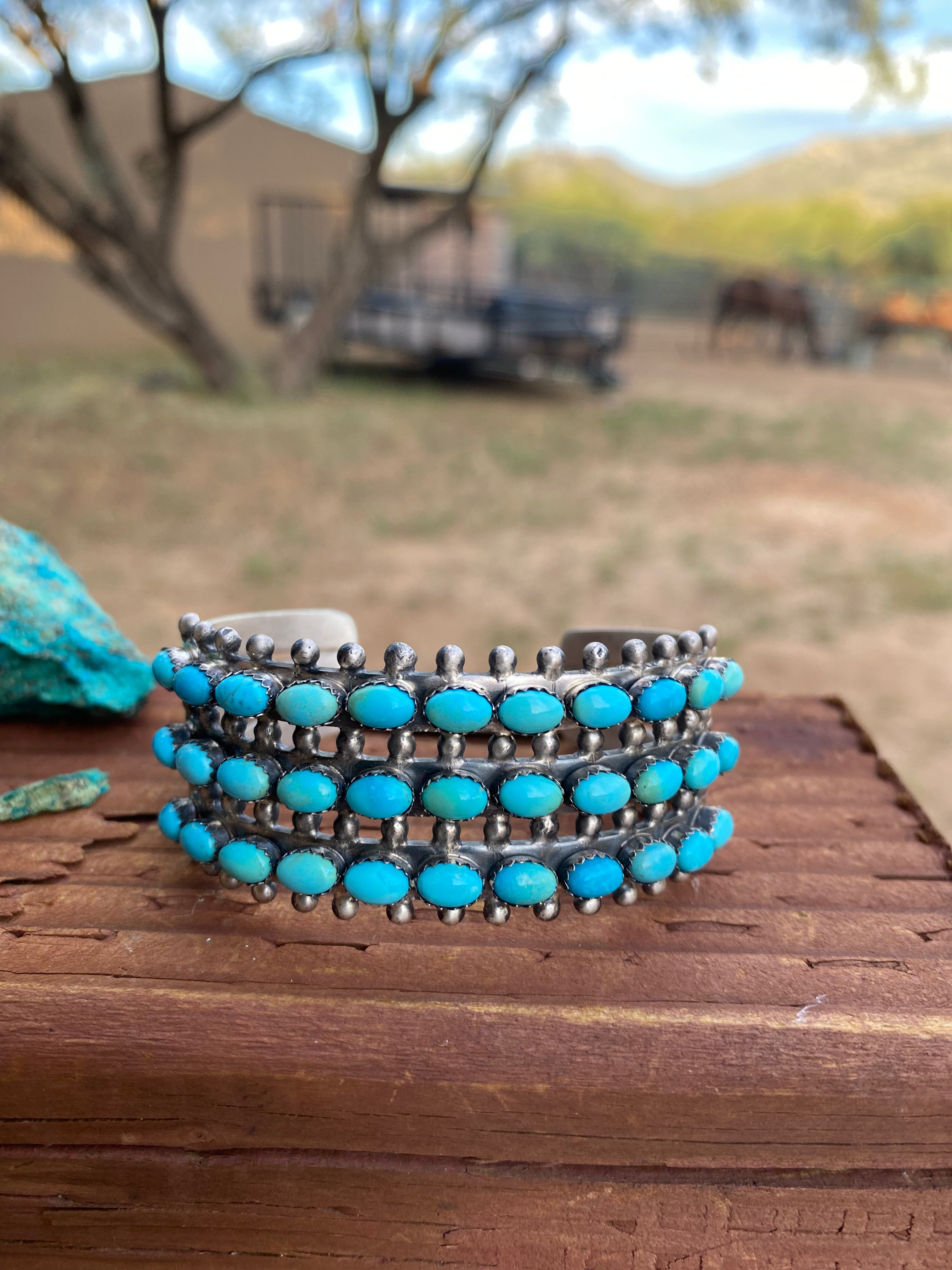 Paul Livingston Sterling Silver Snake Eye Carico Lake Turquoise 3 Row Cuff /