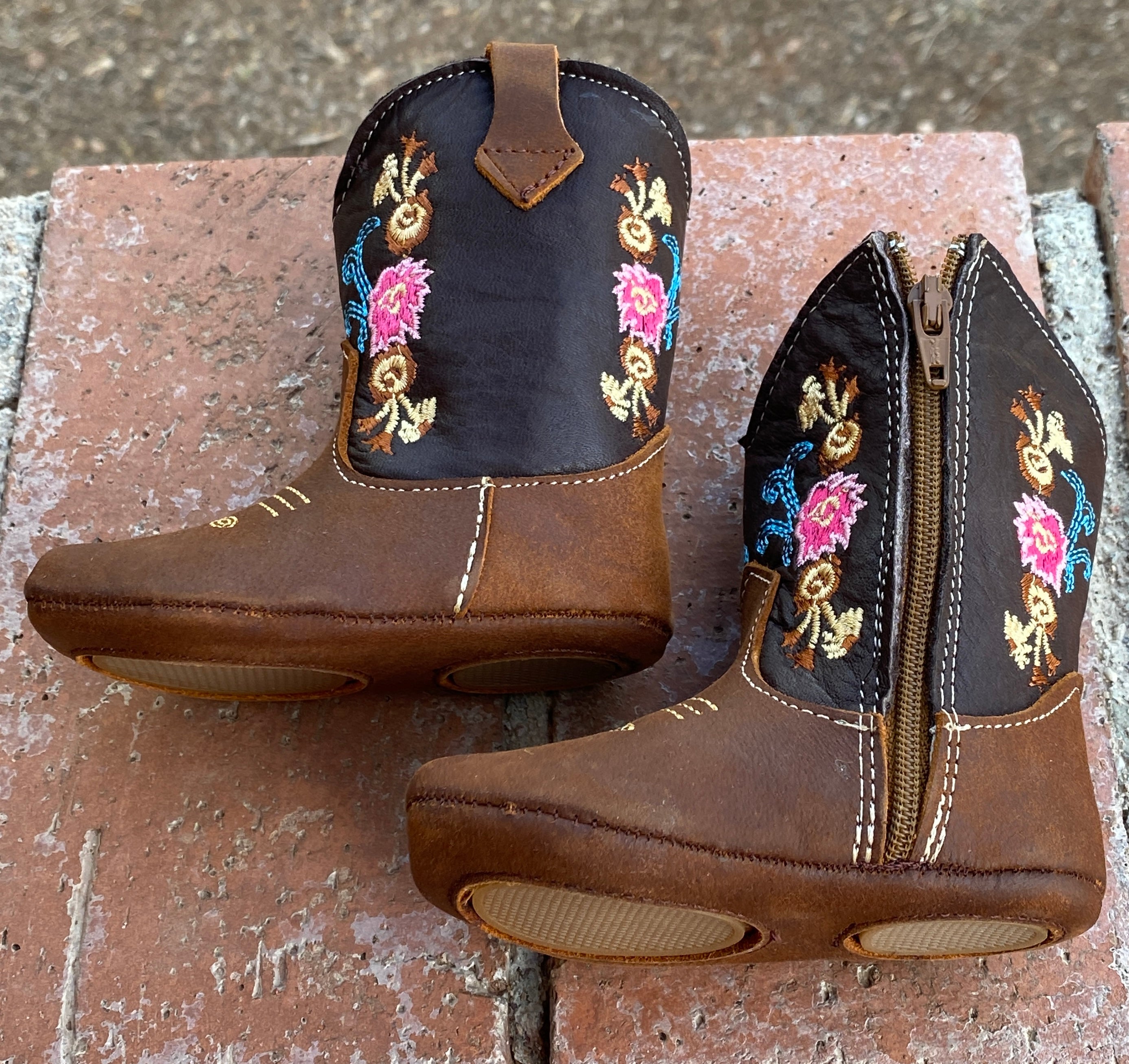 Western Leather infant Baby Boots Dark Brown & Flowered