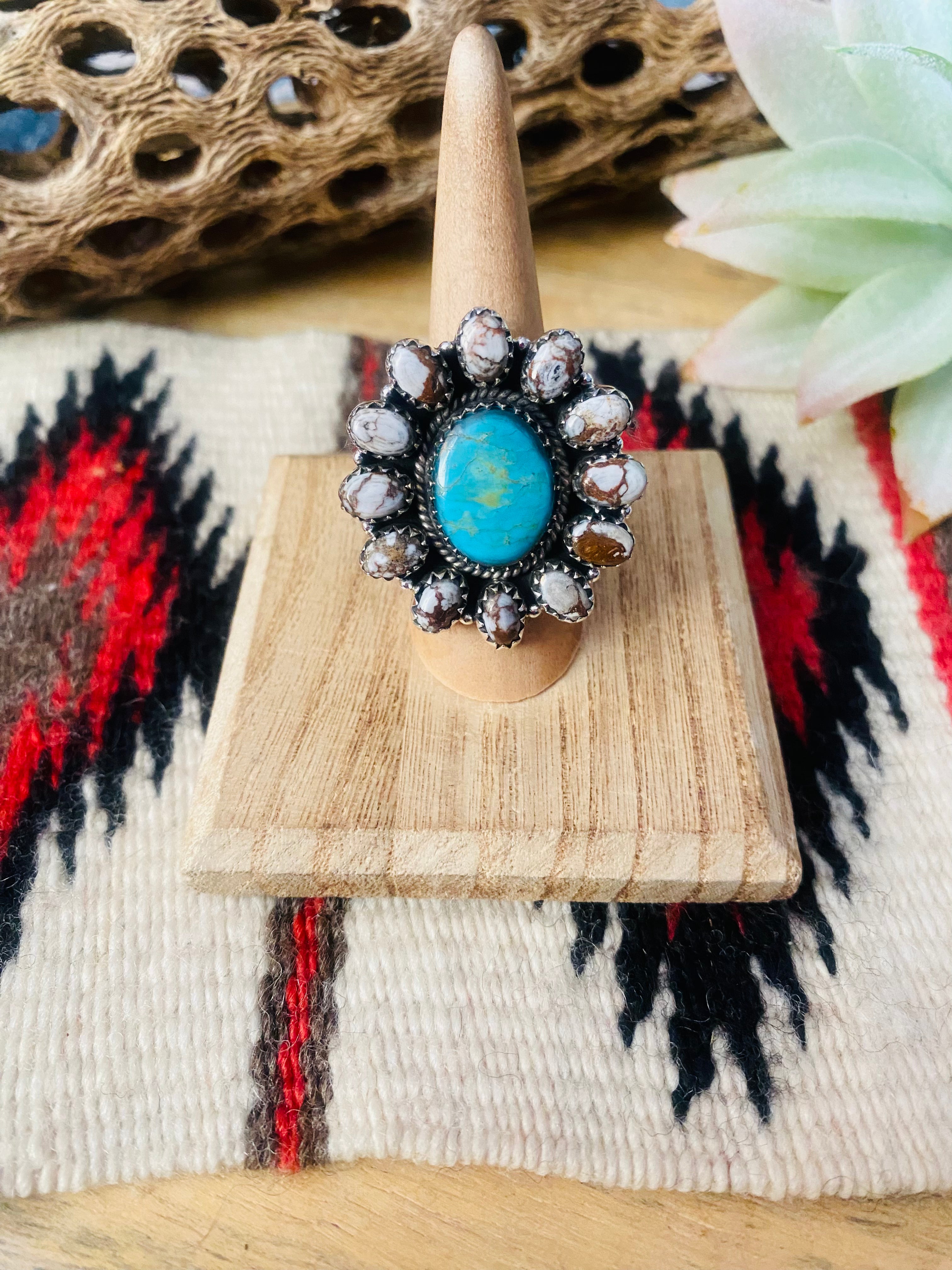 Handmade Sterling Silver, Wild Horse & Turquoise Cluster Adjustable Ring