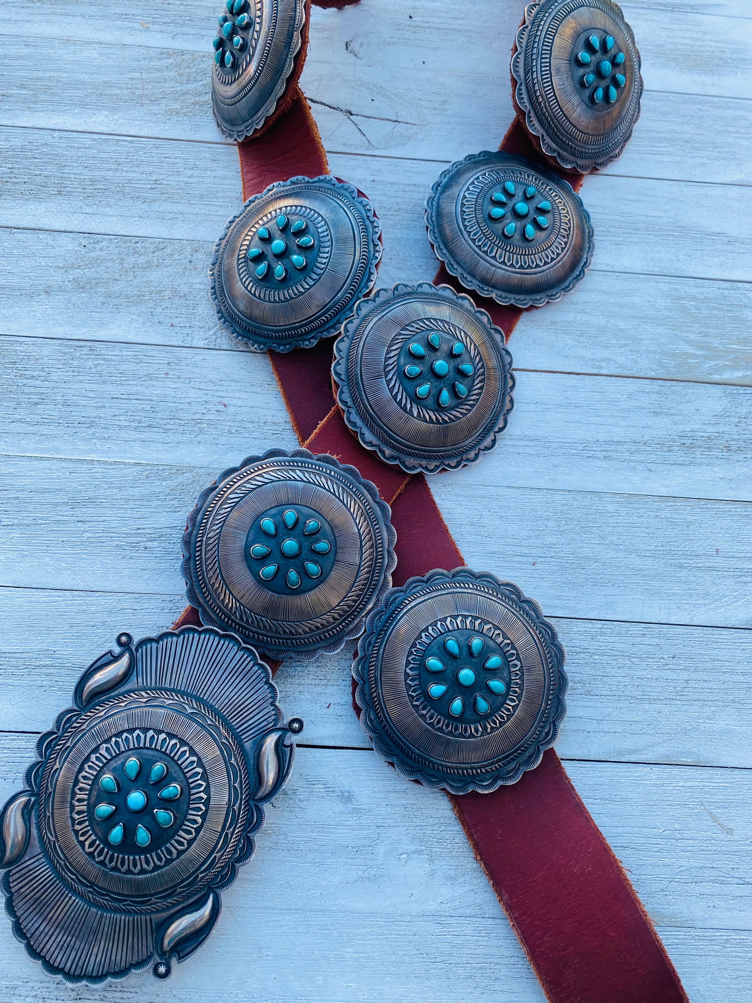 Vintage Navajo Brown Leather And Sterling Silver Turquoise Concho Belt