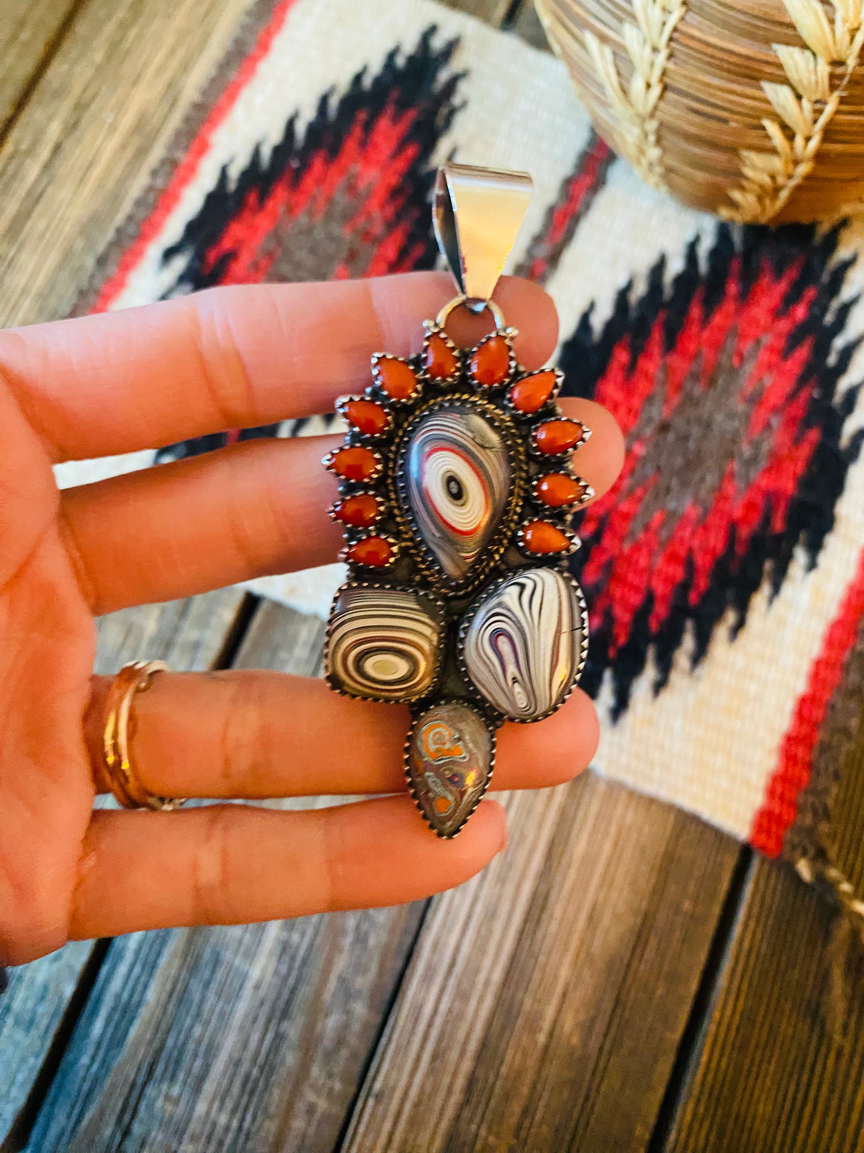 Handmade Sterling Silver, Fordite & Coral Cluster Pendant