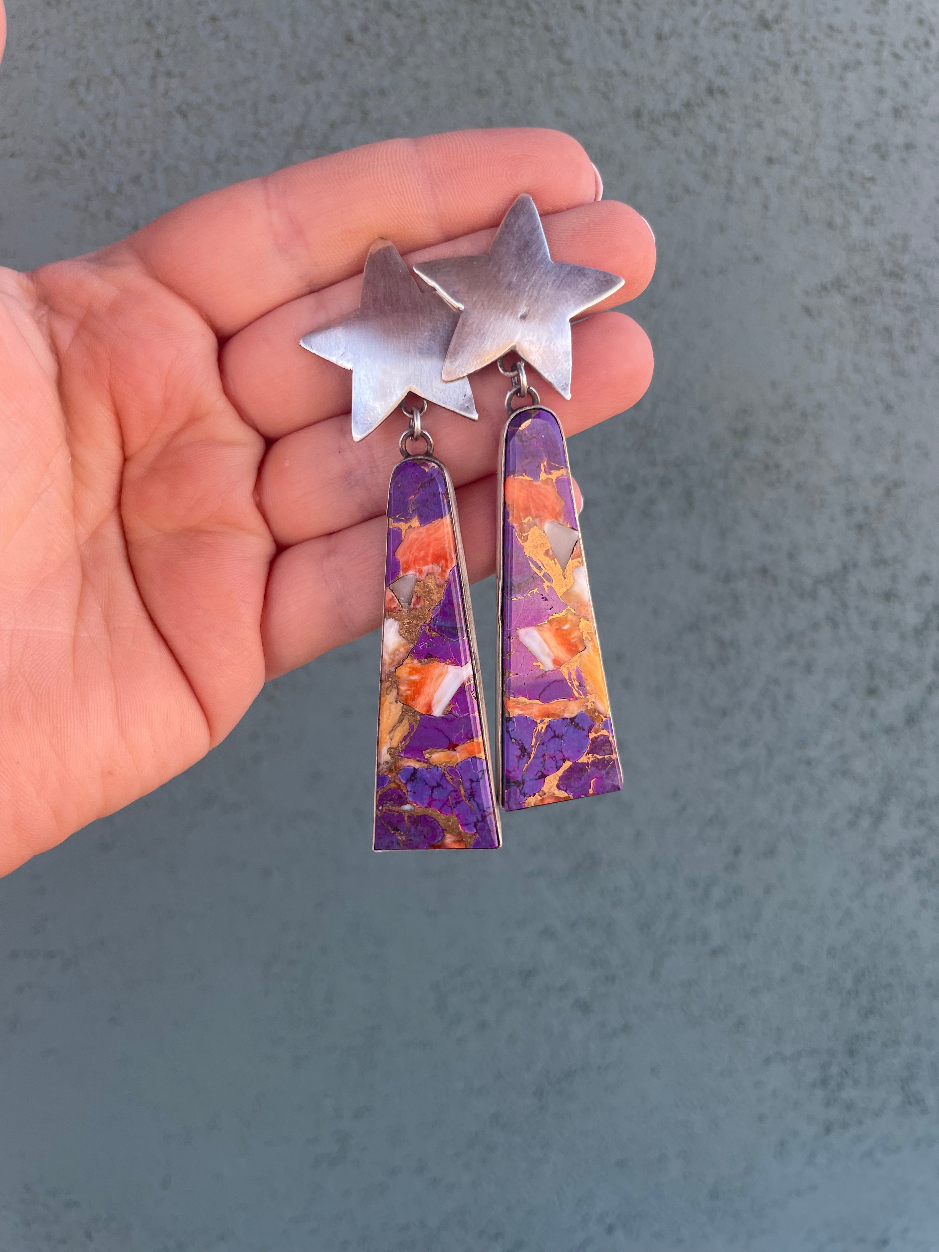 Navajo Sterling Silver & Purple Dream Slab Star Dangle Earrings Signed