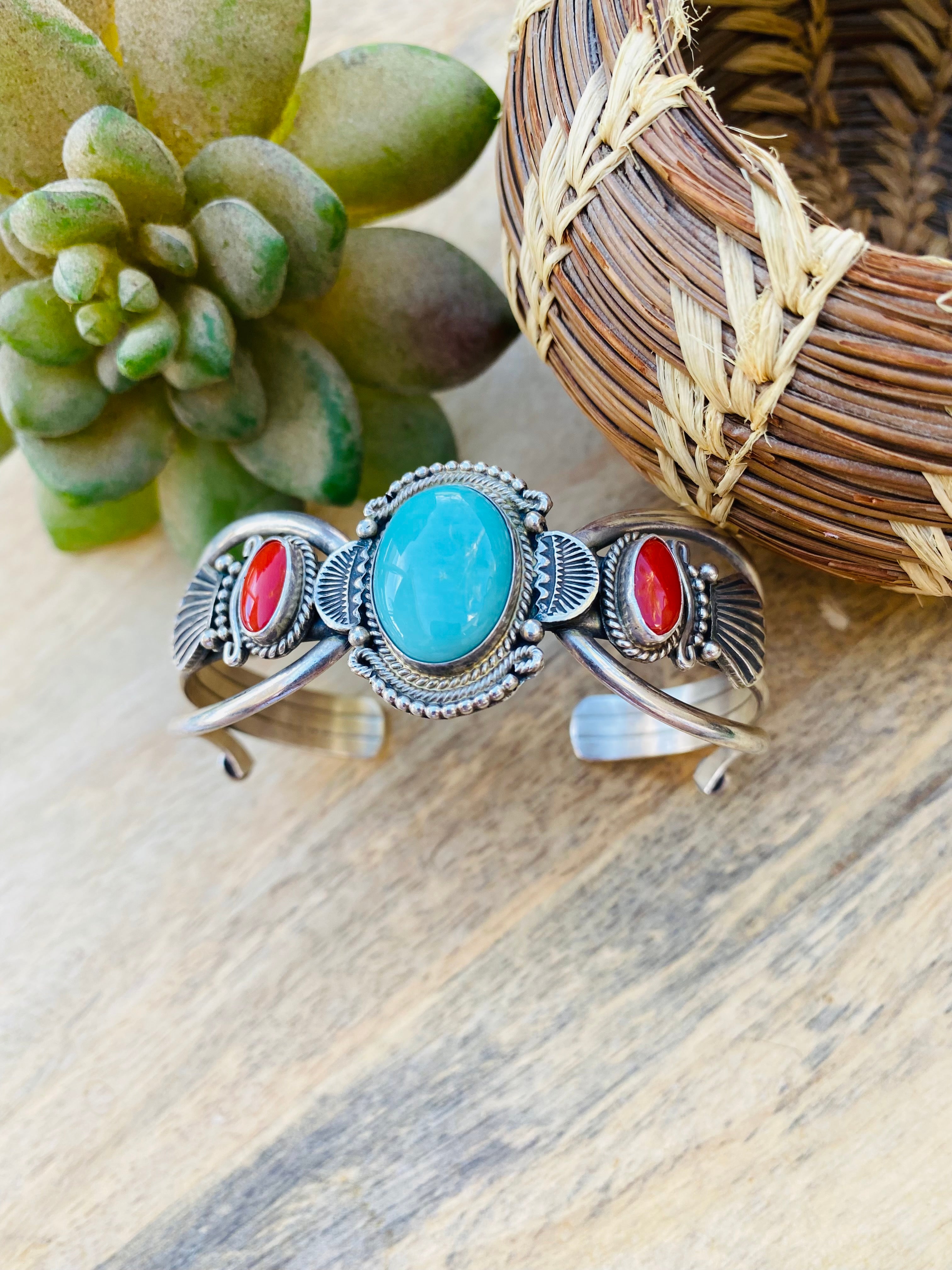 Vintage Navajo Turquoise, Coral & Sterling Silver Cuff Bracelet Signed