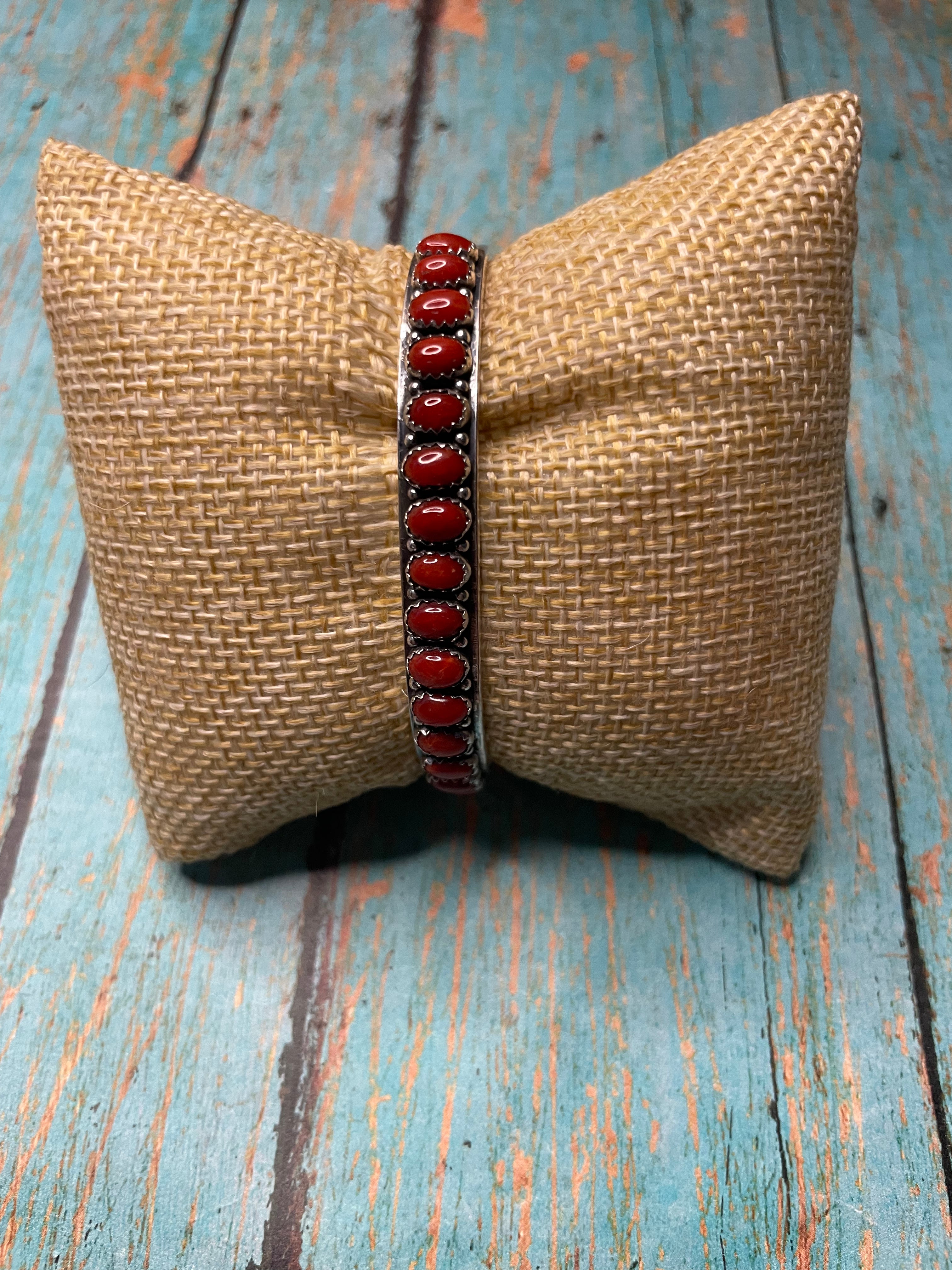 Navajo Natural Coral & Sterling Silver Cuff Bracelet Signed