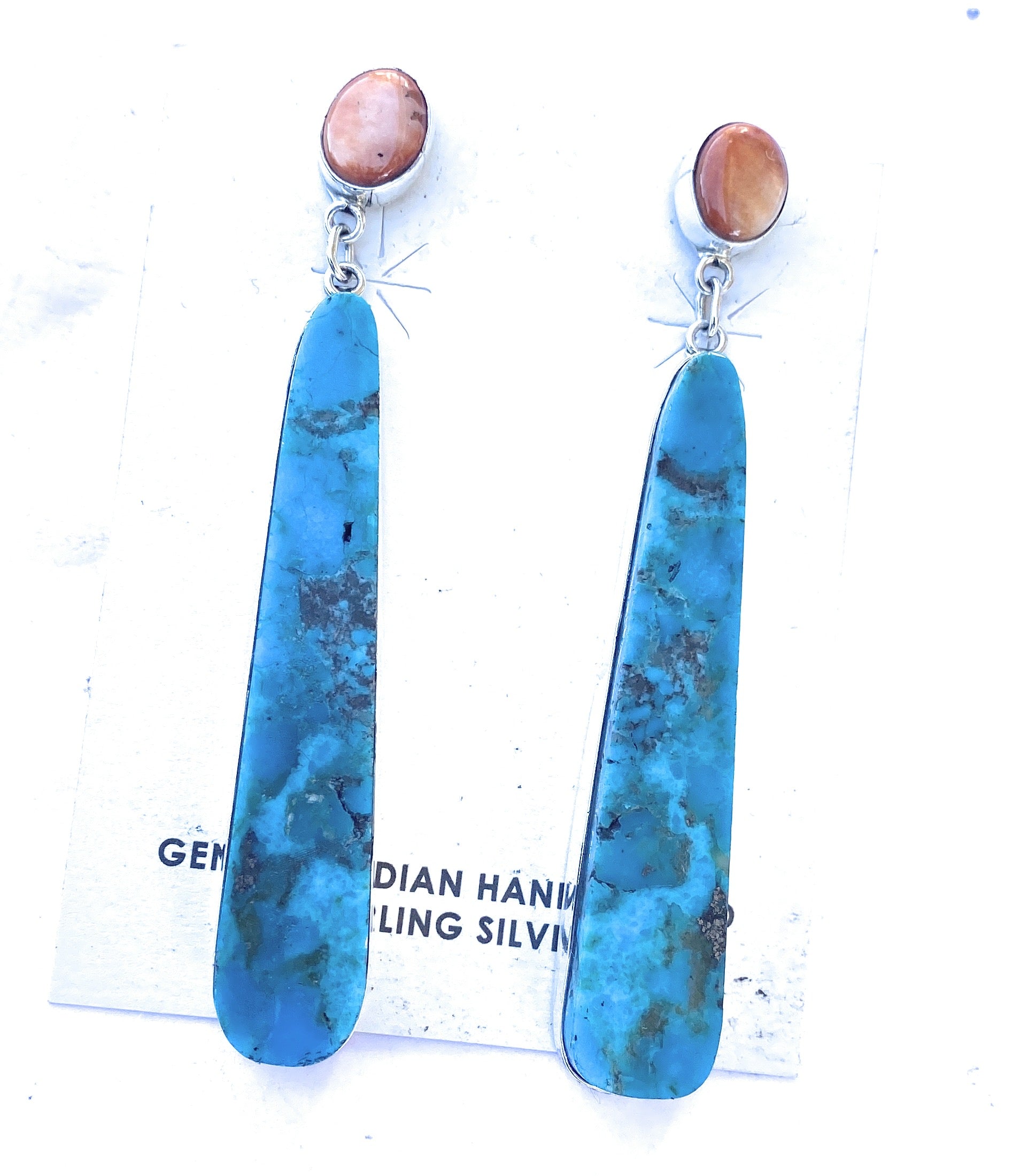 Navajo Sterling Silver, Turquoise & Spiny Slab Dangle Earrings