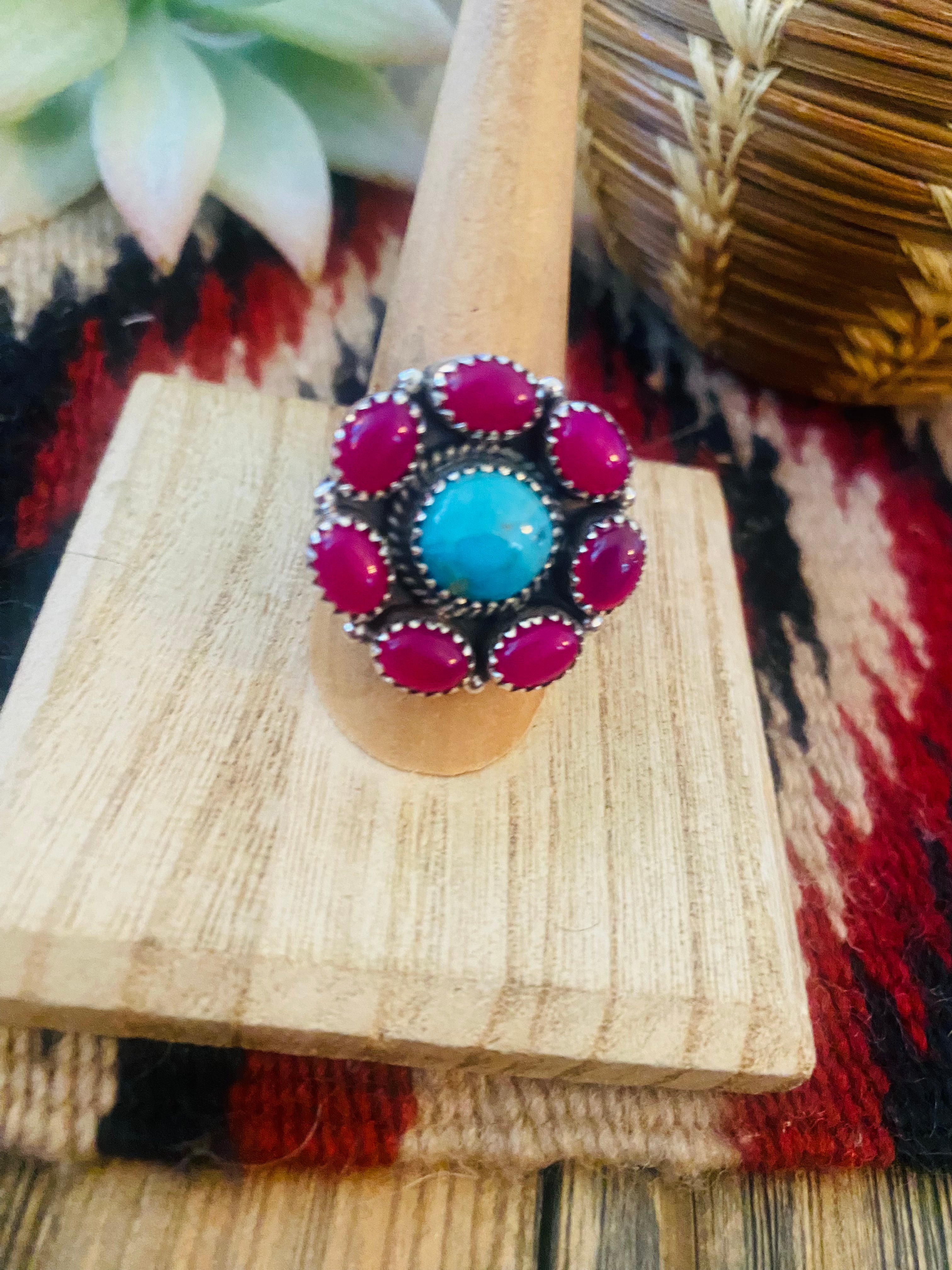 Handmade Sterling Silver, Pink Onyx & Turquoise Cluster Adjustable Ring