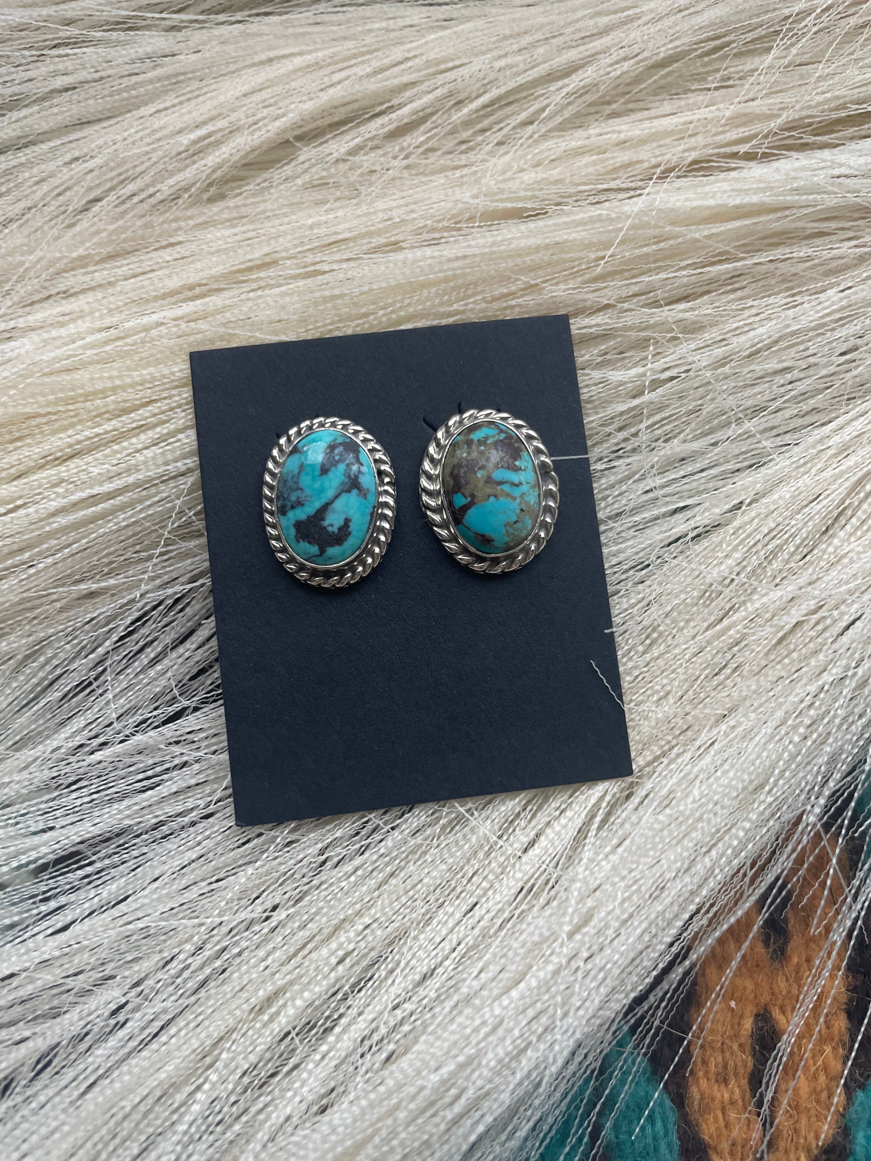 Navajo Sterling Silver & Turquoise Stud Earrings Signed M Silversmith