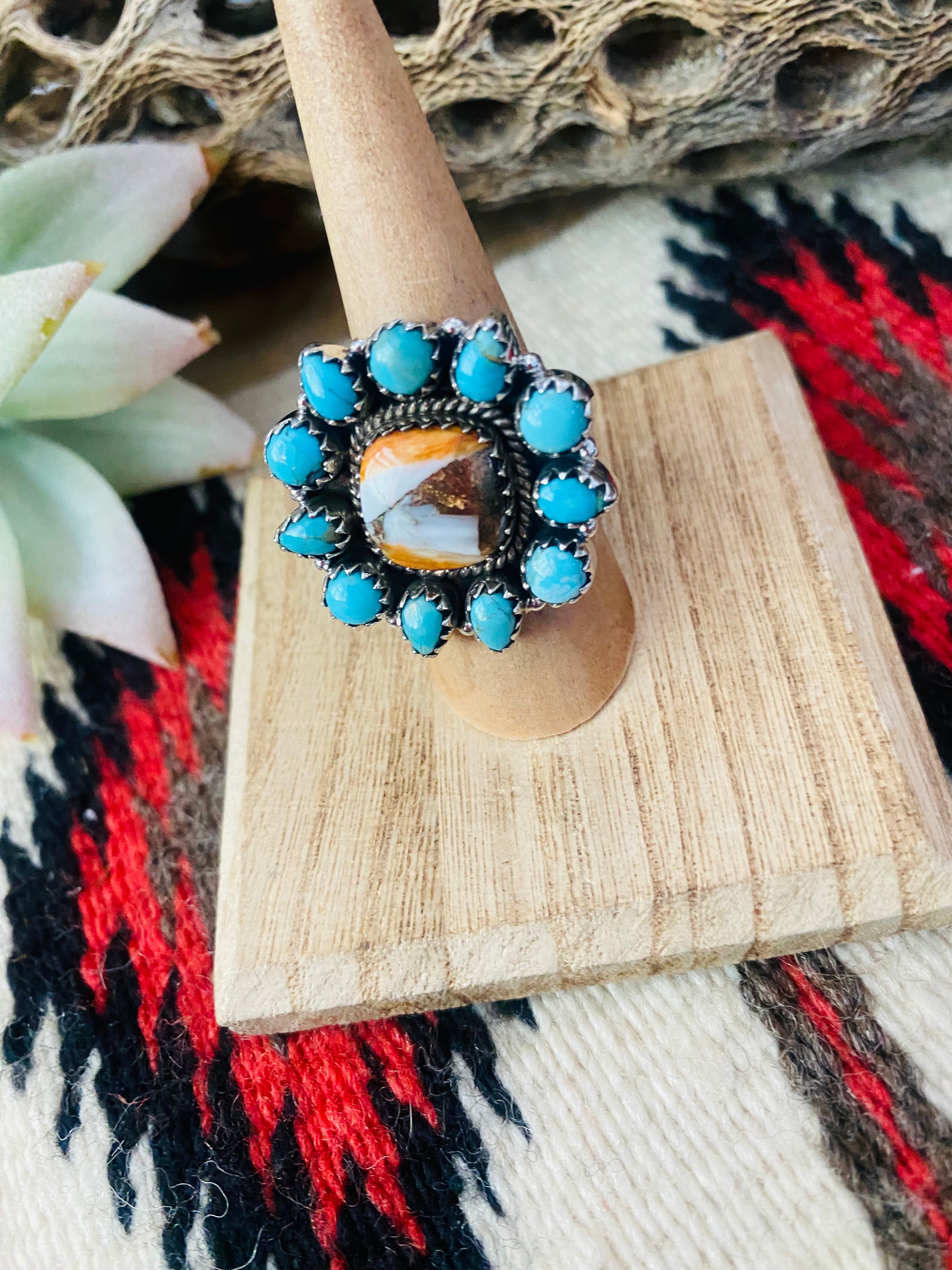 Handmade Sterling Silver, Spice & Turquoise Cluster Adjustable Ring