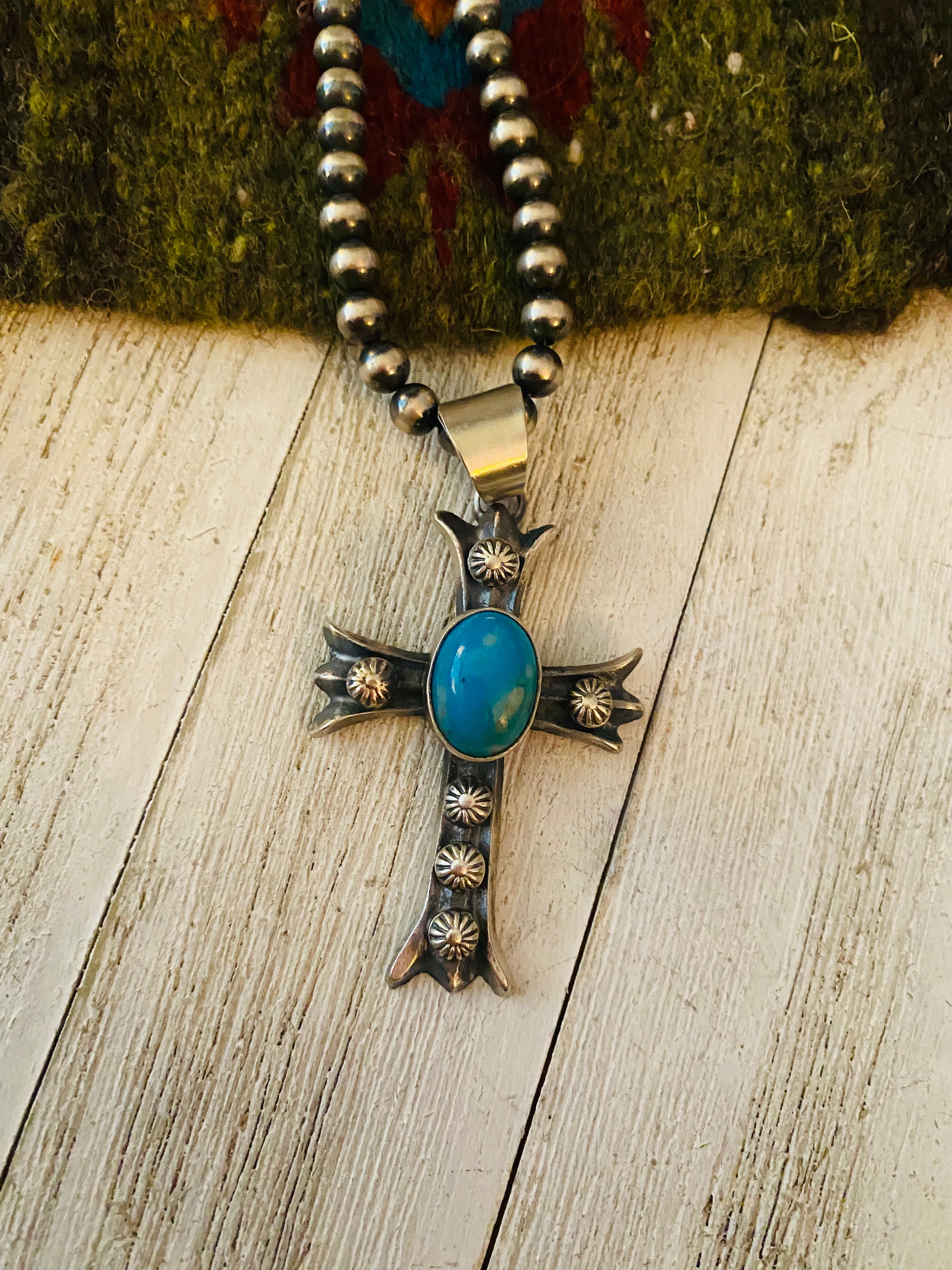 Navajo Sterling Silver & Turquoise Cross Pendant By Chimney Butte