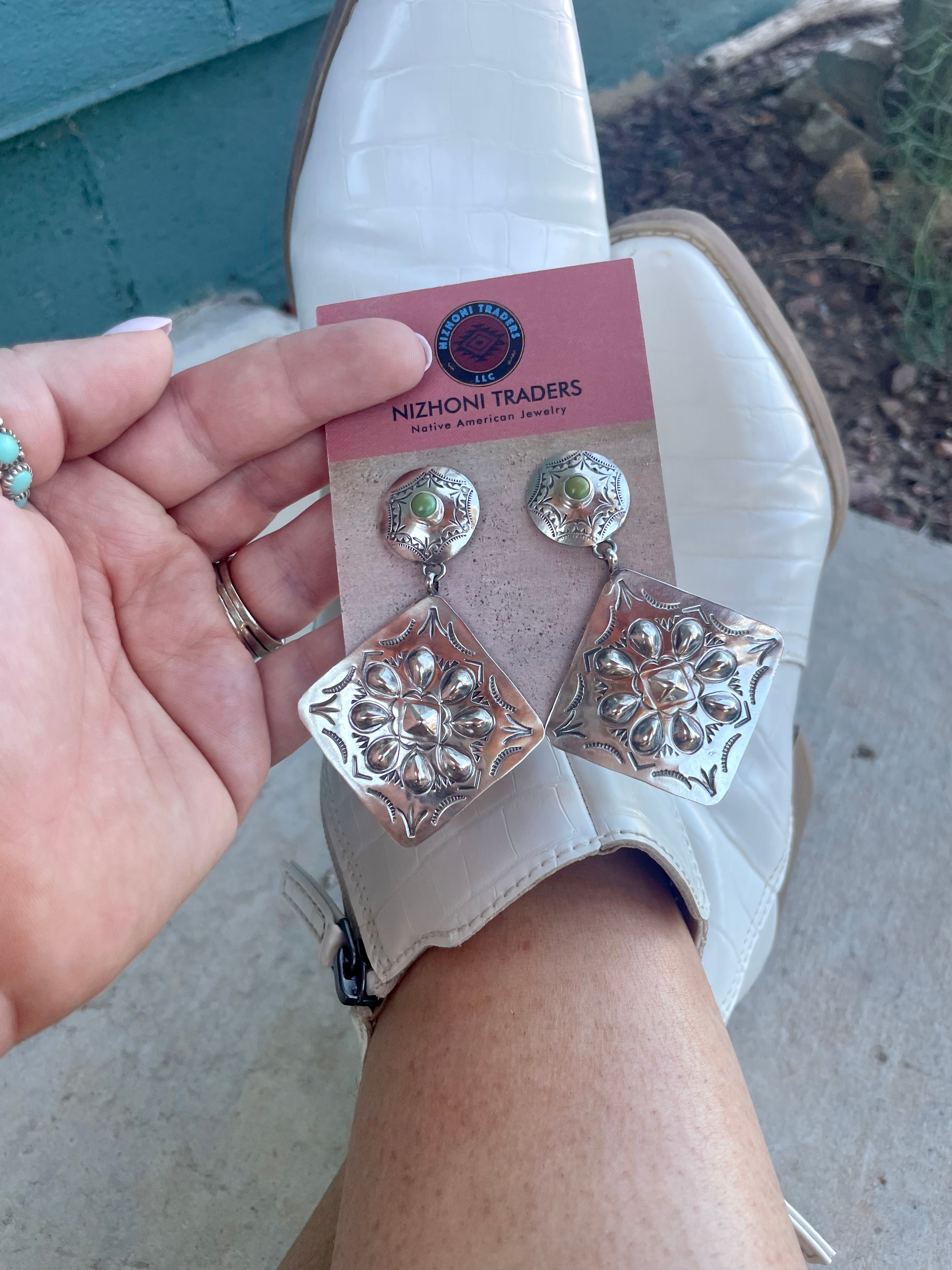 Beautiful Navajo Sterling Silver & Turquoise Concho Dangle Earrings Signed