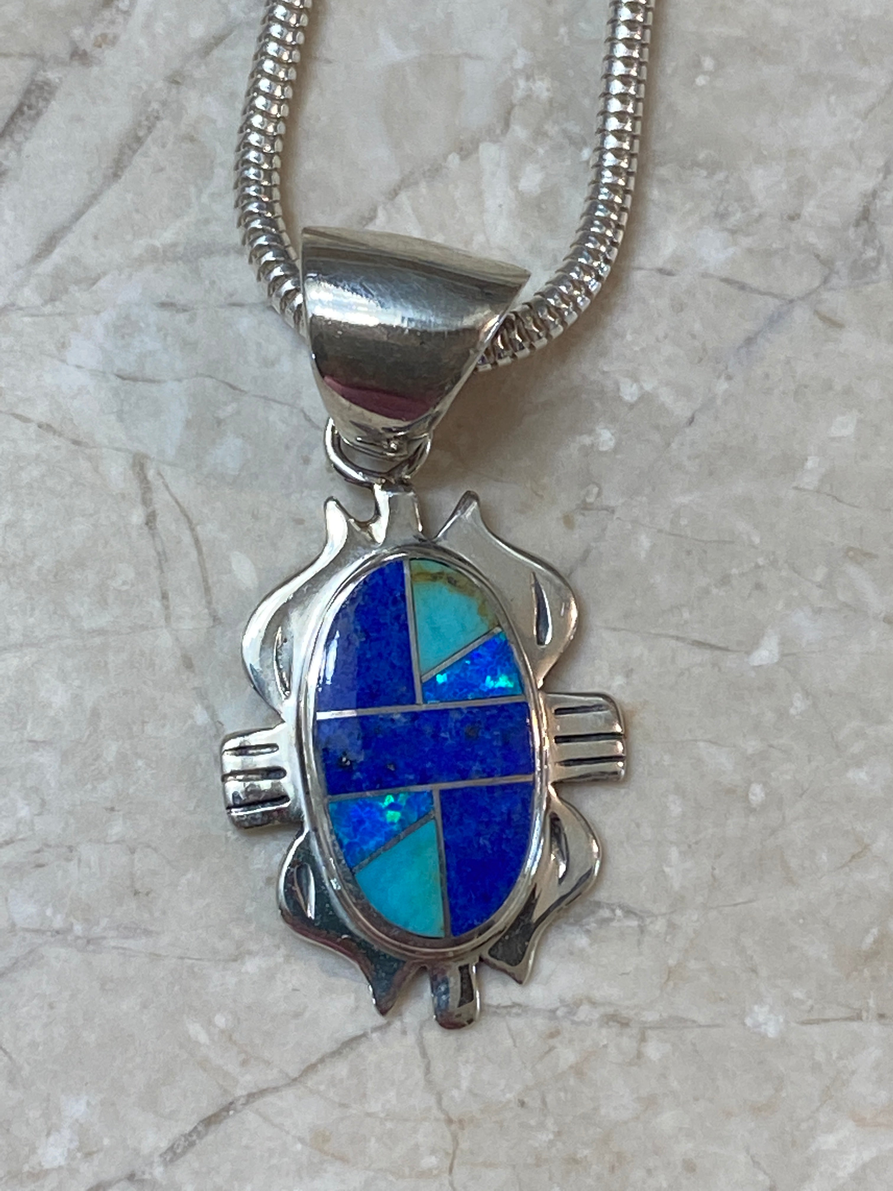 Navajo Lapis, Turquoise, Blue Jagged Opal Oval Pendant