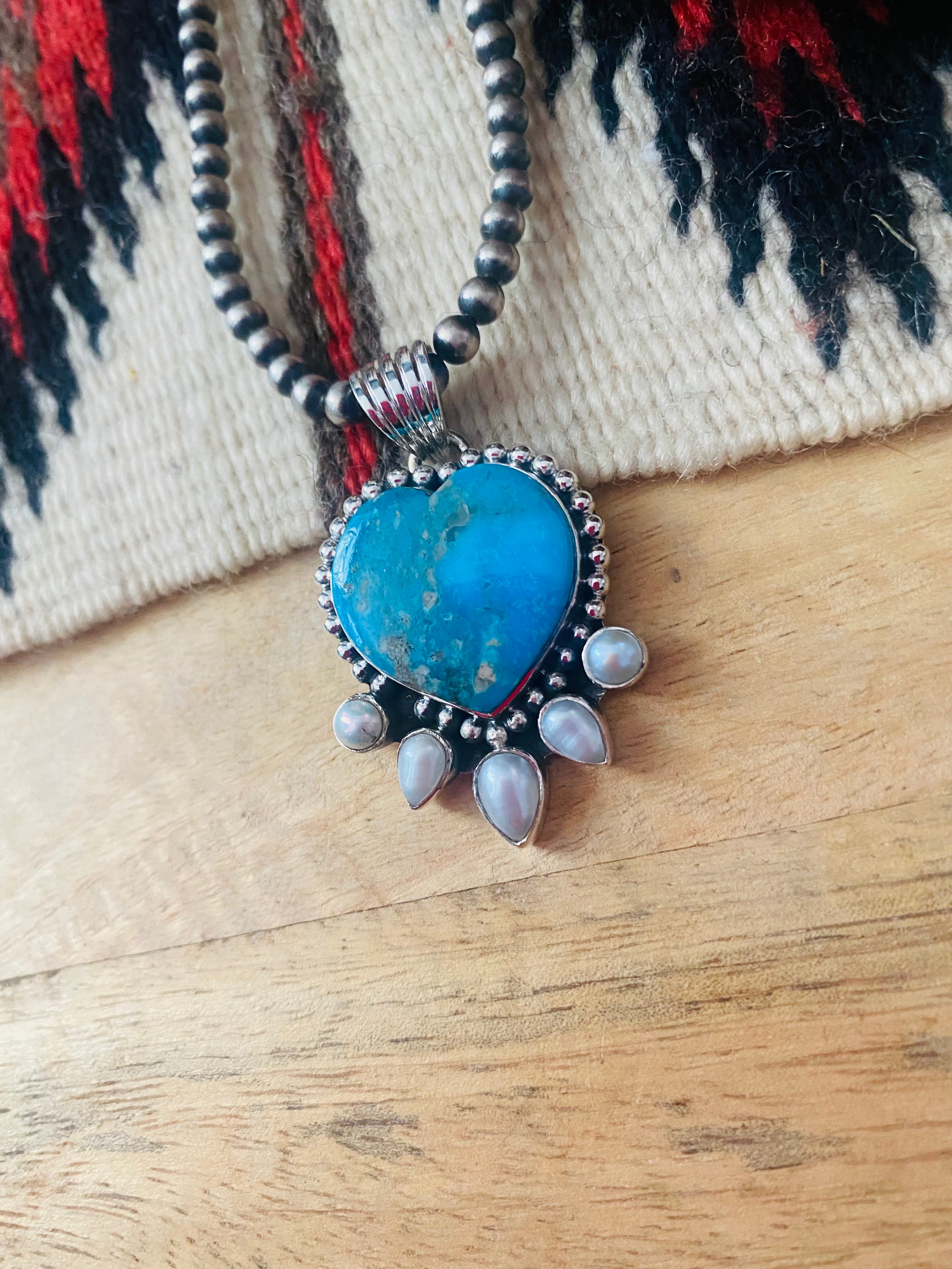 Kingman Turquoise & Pearl Heart Pendant