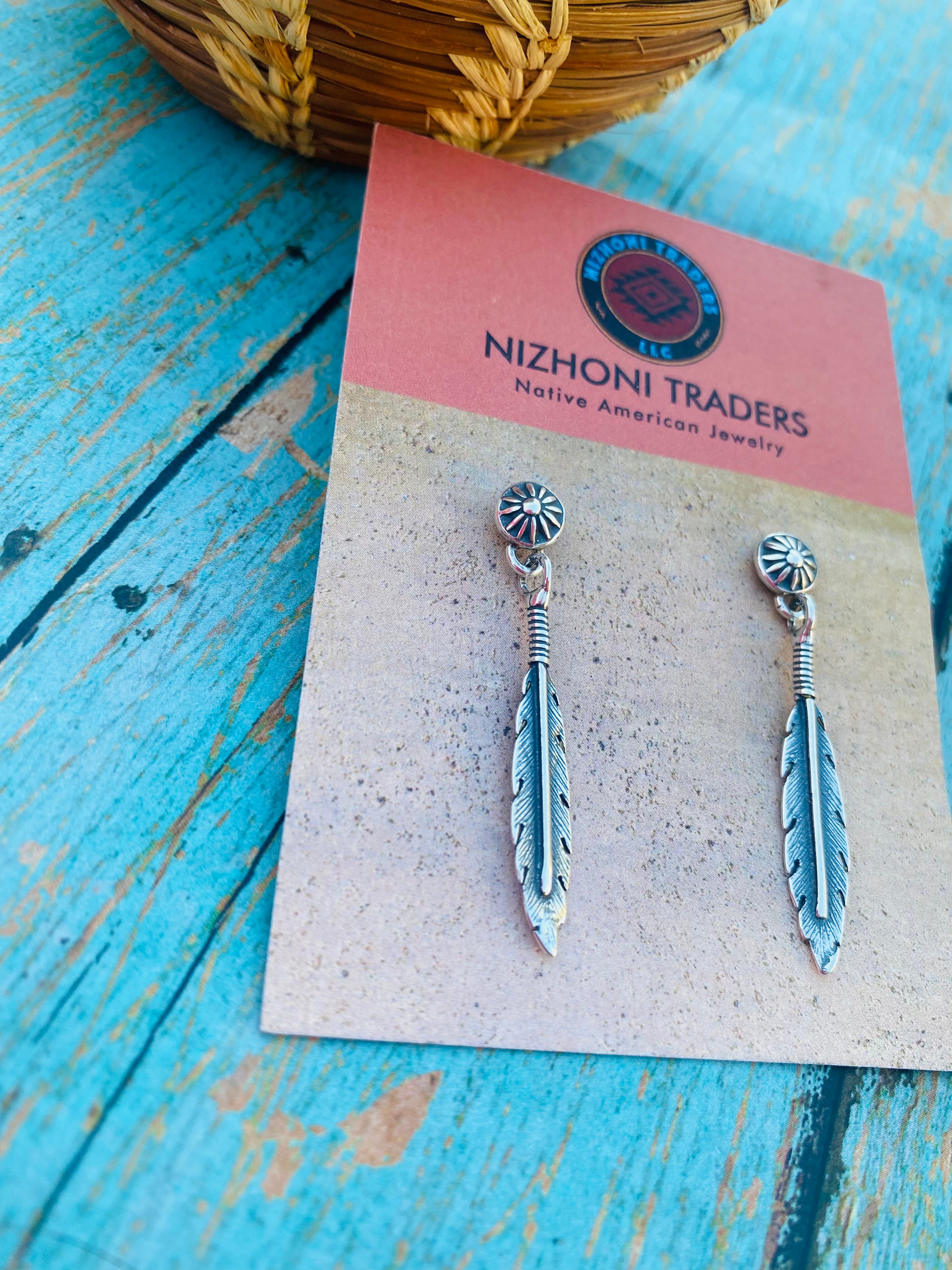 Navajo Sterling Silver Concho Feather Dangle Earrings