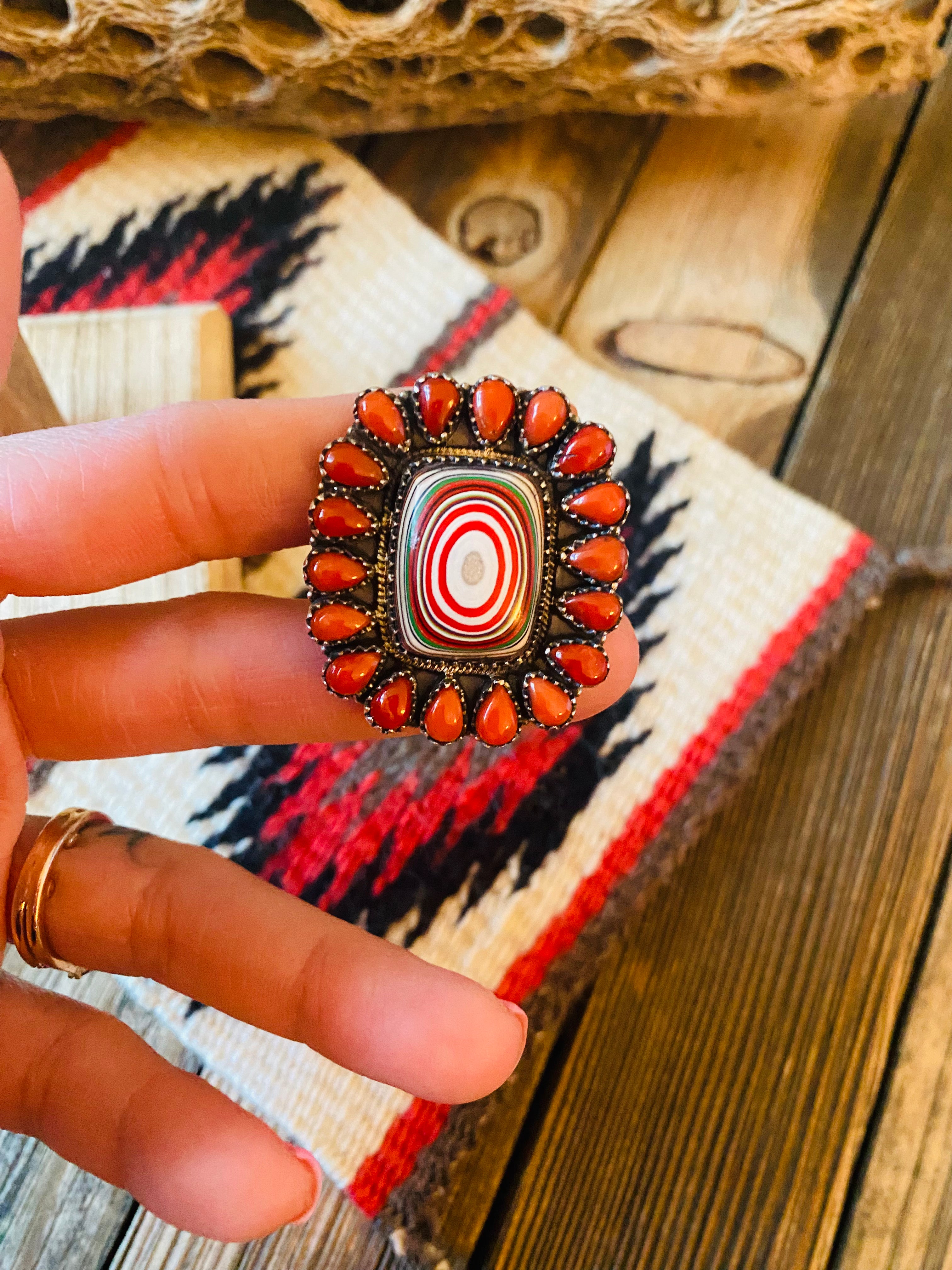 Handmade Sterling Silver, Fordite & Coral Cluster Adjustable Ring