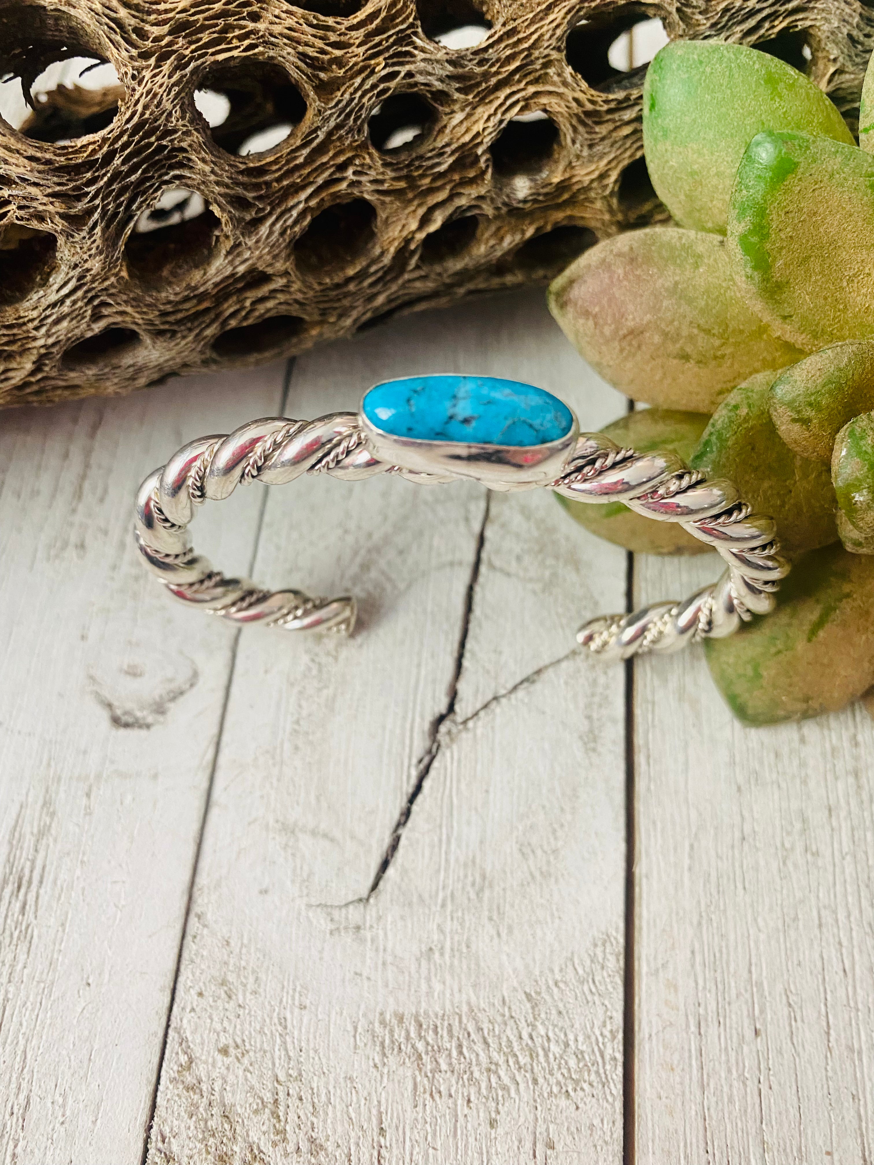 Navajo Twisted Sterling Silver & Kingman Turquoise Cuff Bracelet