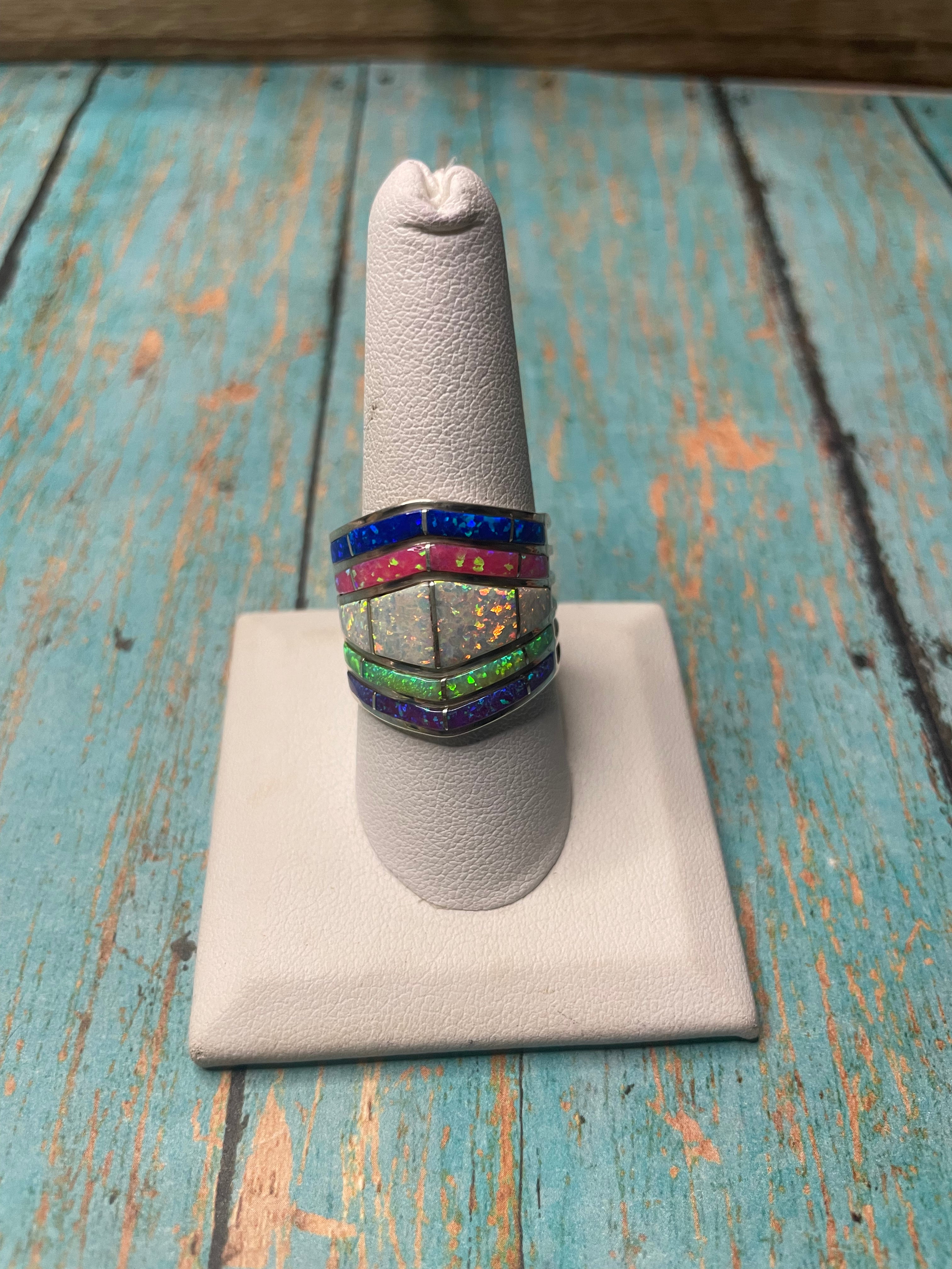 Zuni Multi Stone Opal & Sterling Silver Wide Band Ring Signed